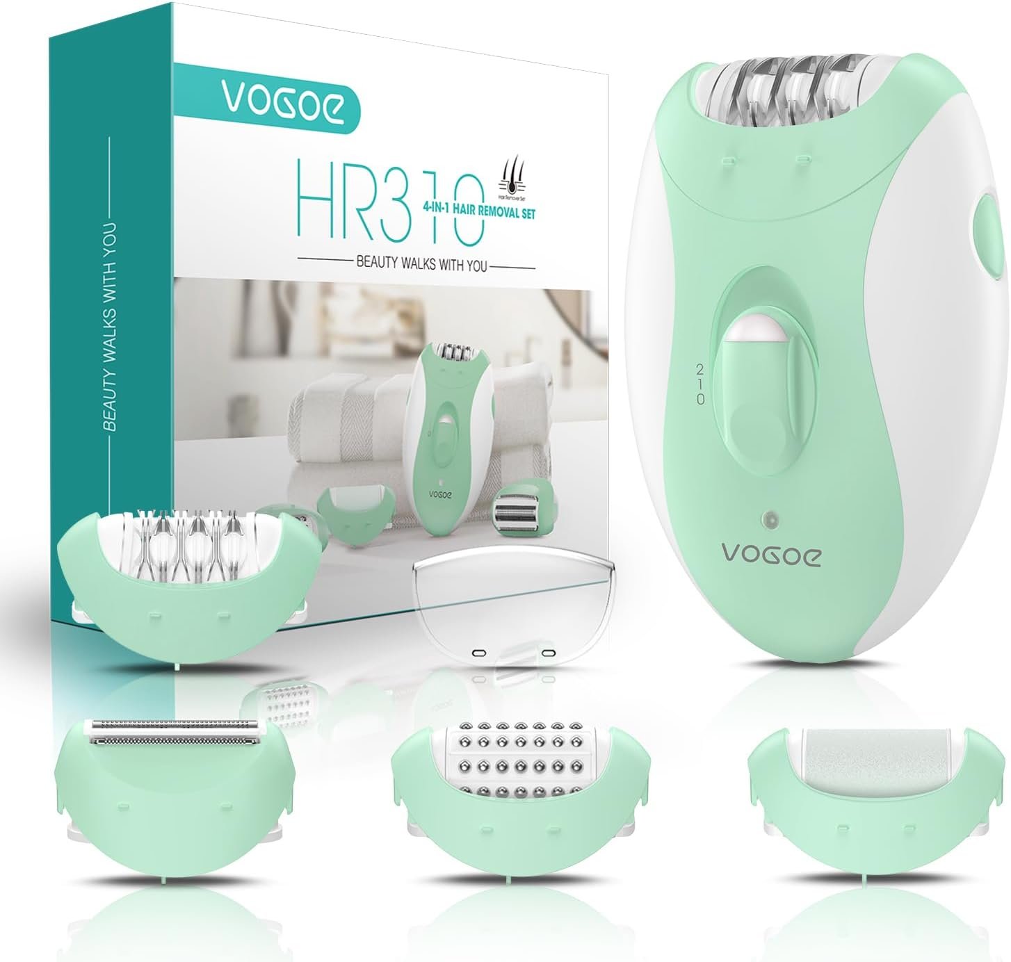 VOGOE Epilator for Women-Cordless Epilators Hair Removal for Women, 4-in-1 Electric Razor Hair Remover, 2 Speeds & 21 Tweezers for Face Legs Arms Armpit Bikini, Green HR310