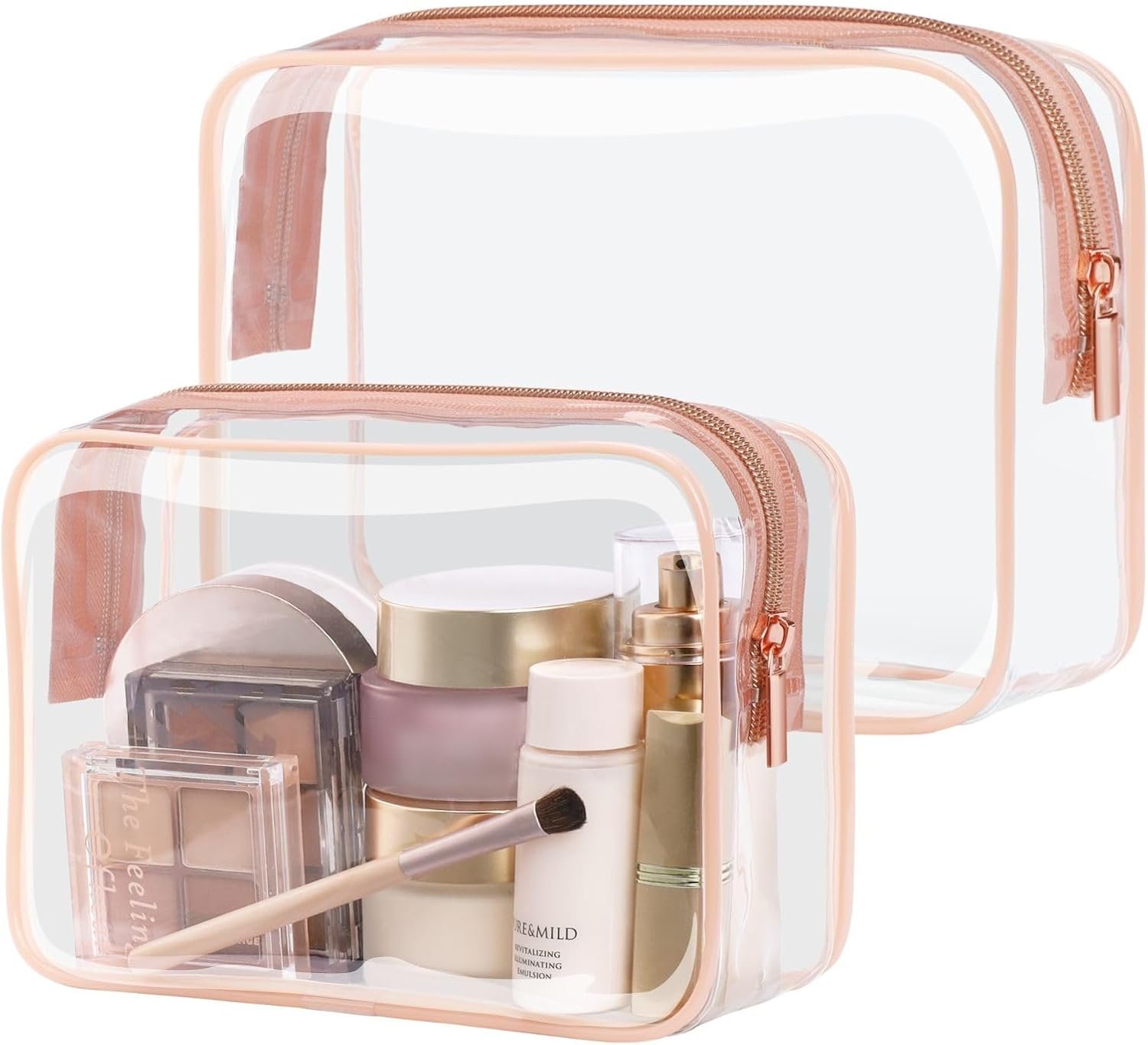 PACKISM TSA Approved Toiletry Bag 2 Pack – 1 Medium TSA Quart Carry-On & 1 Large for Checked Luggage, Water-resistant Clear Makeup Bag Clear Travel Bags for Toiletries, Rose Pink