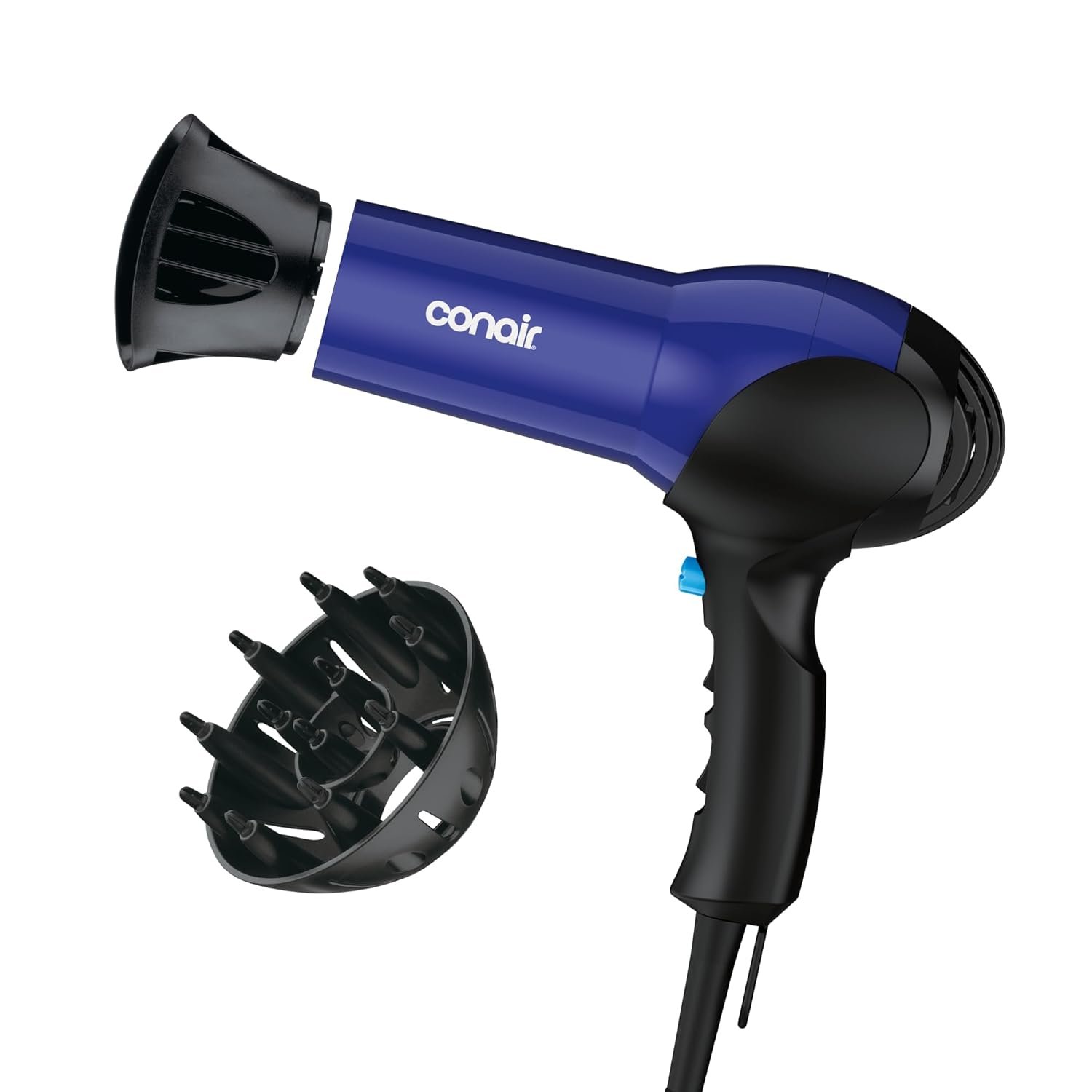 Conair Fast Dry Lightweight Hair Dryer | Powerful 1875W motor for thick and coarse hair, includes diffuser & concentrator attachments, Blue/Black, 146NXL