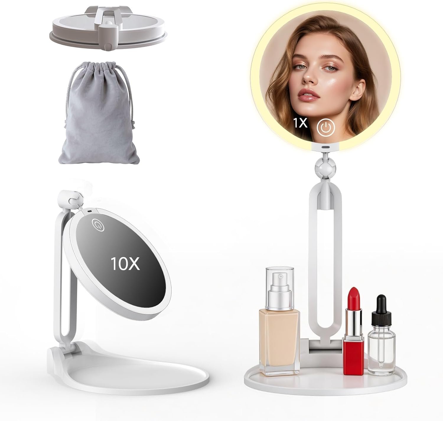 10X/1X Travel Makeup Mirror with Lights, Double-Sided Magnifying Mirror with 3 Colors Dimming Lighting, Foldable Lighted travel mirror for Desk & Travel, 360°Angle Adjustable, 1500mAh (10x-white)