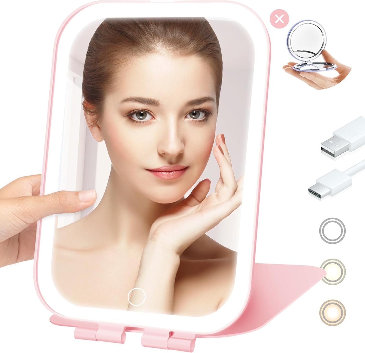 Koolstuffs Travel Mirror with Light, Rechargeable Portable Makeup Mirror with Battery-Powered, 3 Colors LED Lighting, Dimmable Touch Screen Vanity Lighted Mirror