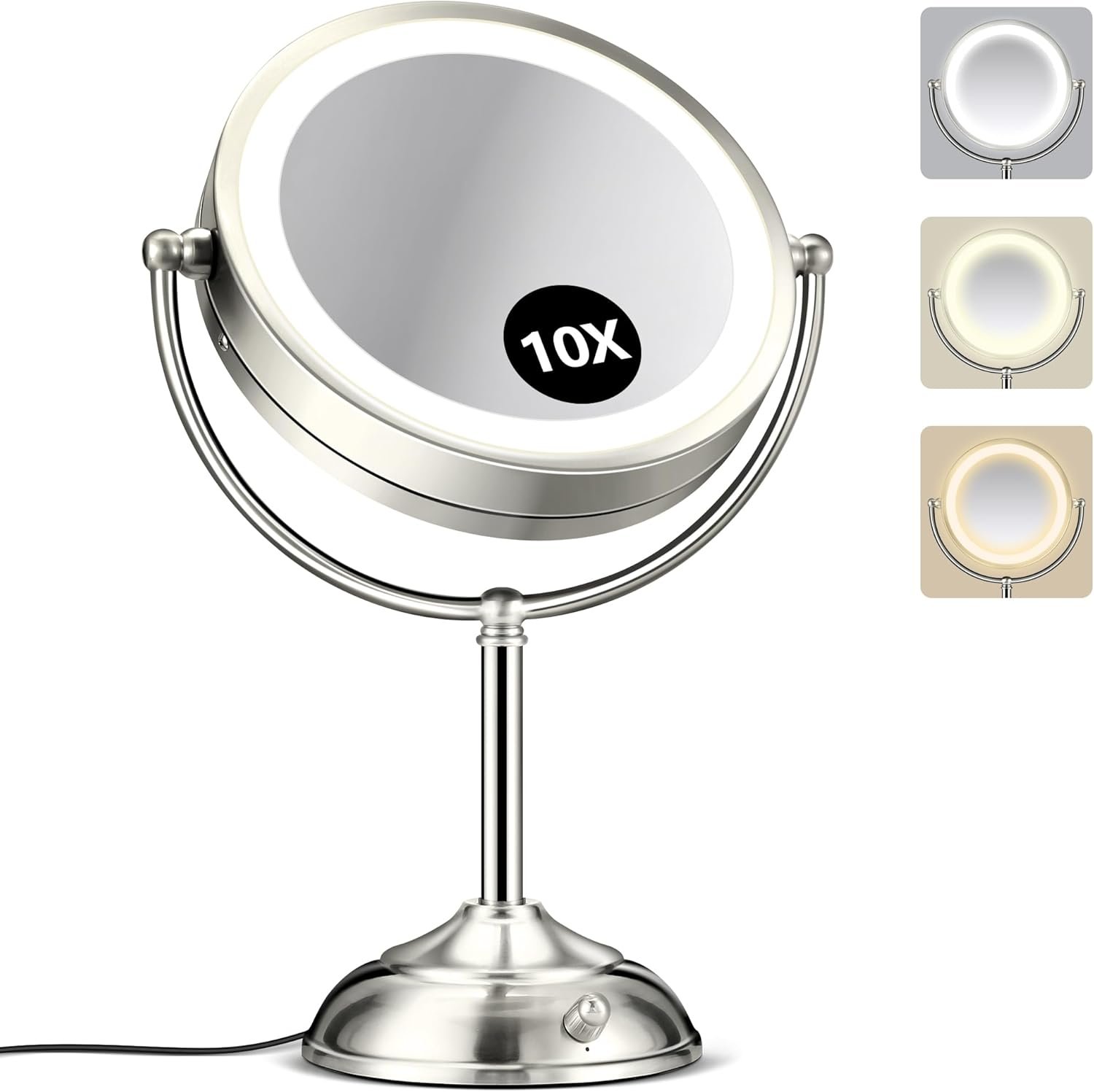 10X Magnifying Mirror with Light, Rechargeable 9″ Lighted makeup mirror with magnification, 3 Color Modes, Adjustable Brightness, No Assembly Required, 360° Rotation Cosmetic Mirror, Pearl Nickel
