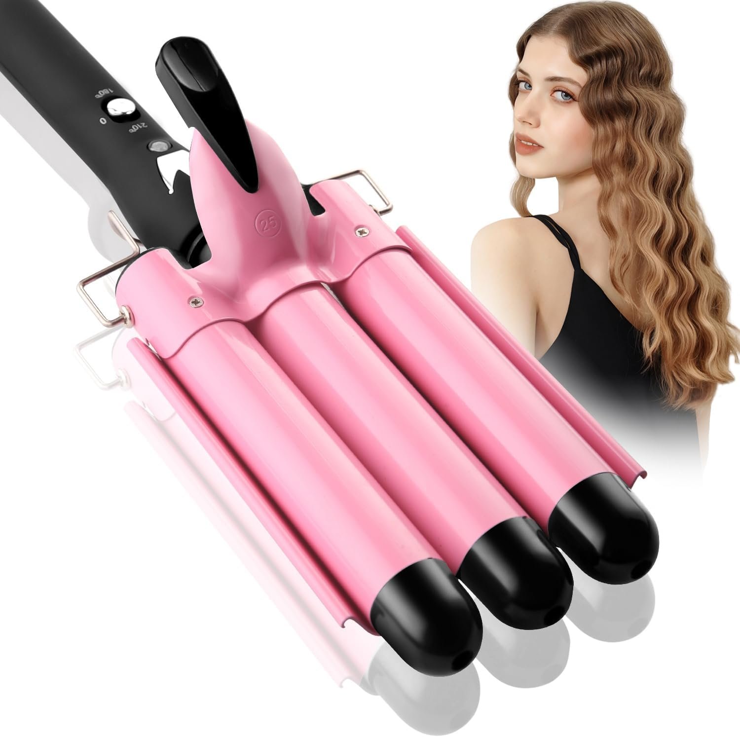 3 Barrel Curling Iron Hair Crimper: Birthday Gifts for Women – Dual Voltage Adjustable Temperature Three Barrels Hair Waver – 1 Inch Ceramic Curler Wand (Pink)