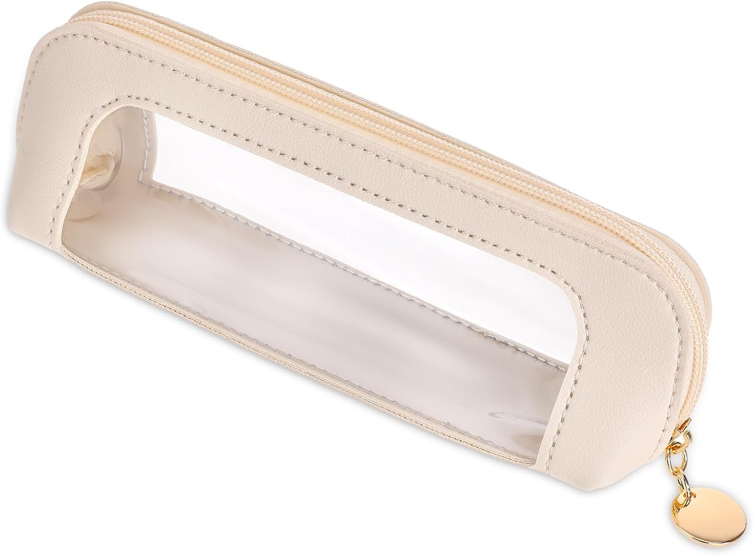 Psyqtsuary Small Clear Makeup Bag, PU Leather Travel Makeup Brush Case Portable Transparent Waterproof Cosmetic Organizer Pouch with Zipper for Women Home Travel Office Cosmetic Storage (Beige)