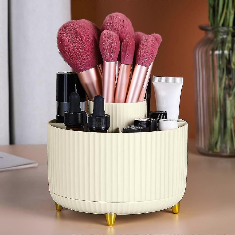 WILL OAK Makeup Brush Organiser – Large Compartment Cosmetic Organizer -Eyeliner, Nail Polish, Art Supply, Bathroom Vanity Desktop Organizer (Cream)