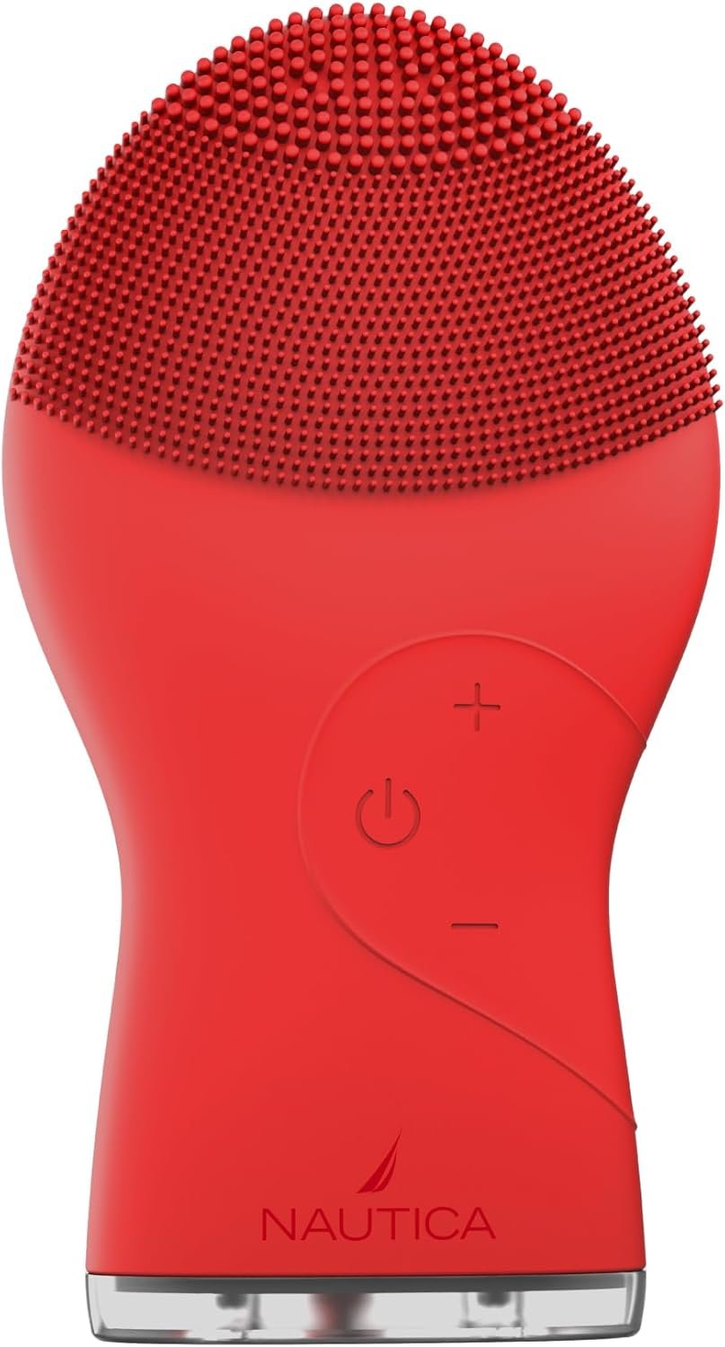Nautica PC120 Facial Cleansing Brush Made with Ultra-Hygienic Soft Silicone, Waterproof, Rechargeable Vibrating Face Exfoliator Scrub Brush with Sonic Technology for Men & Women – Dancing Red