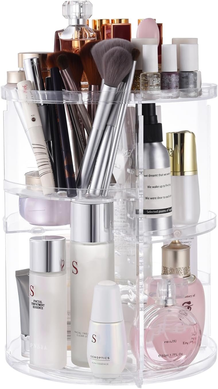seinlife 360 Rotating Makeup Organizer,DIY Adjustable Spinning Holder,Foldable Cosmetic Storage Display box,Large Capacity Make up Caddy Shelf,Fits Countertop Vanity and Bathroom (CLEAR)
