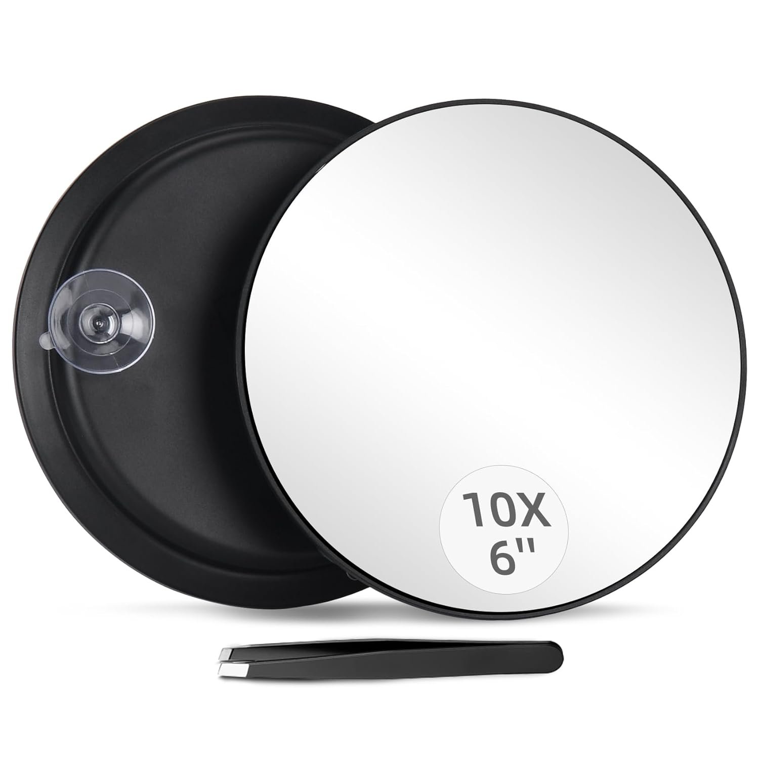 10X Magnifying Mirror with 3 Suction Cups – 6” Stick on Makeup Mirror with 10X Magnification, Magnified Makeup Mirror Portable Handheld Cosmetic Mirror and Tweezers Set for Travel, Makeup, Bathroom