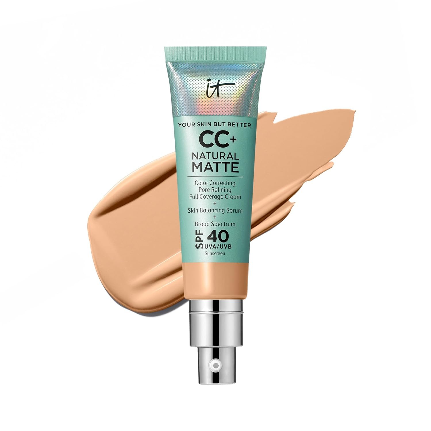 IT Cosmetics CC+ Cream Natural Matte SPF 40 – Mattifying Full Coverage Foundation Color Corrector, 16H Shine Control, Pore Refining, 24H Hydration, Noncomedogenic for Oily & Mature Skin – 1.08 fl oz