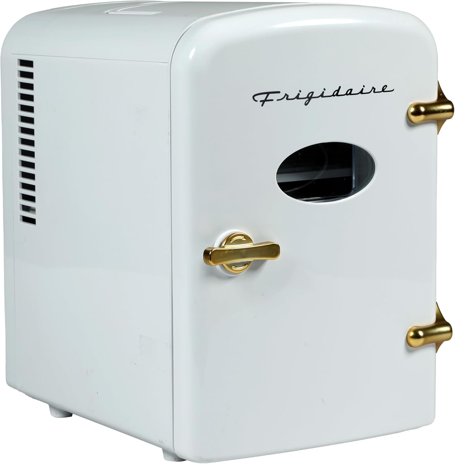 Frigidaire Retro Mini Personal Fridge Cooler, Holds up to 9 Cans, Portable for Car, Office, Bedroom, Dorm Room, or Cabin, Includes 110V AC and 12V DC cords – White Gold (Special Edition Color)