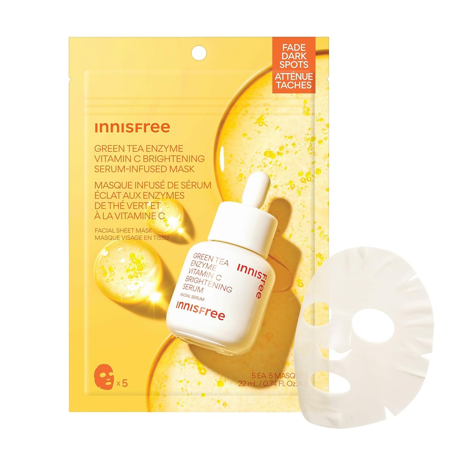 innisfree Green Tea Enzyme Vitamin C Brightening Serum-Infused Mask, 5 Pack Sheet Masks for Brightening & Glow, Ideal for Dry, Oily, & All Skin Types