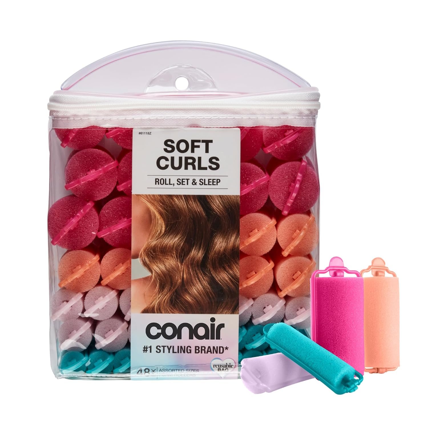 Conair Foam Hair Rollers – 48 Count, Assorted Colors – Heatless Curls, Overnight Curls, Foam Rollers with Storage Case | Snaps-shut overnight foam curlers for damage-free curls and volume, Assorted Colors, 48-Count, Model GR61118IN1L9