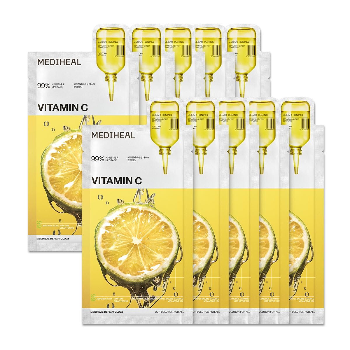 Mediheal Essential Face Mask [Vitamin C] Clear Toning 10 pcs. with 99% Purity Vitamin C & 10 Vita Actives for Radiance & Hydrating Glow & Vitalizing- Korean Skin Care & Vegan Formula Korean Sheet Mask