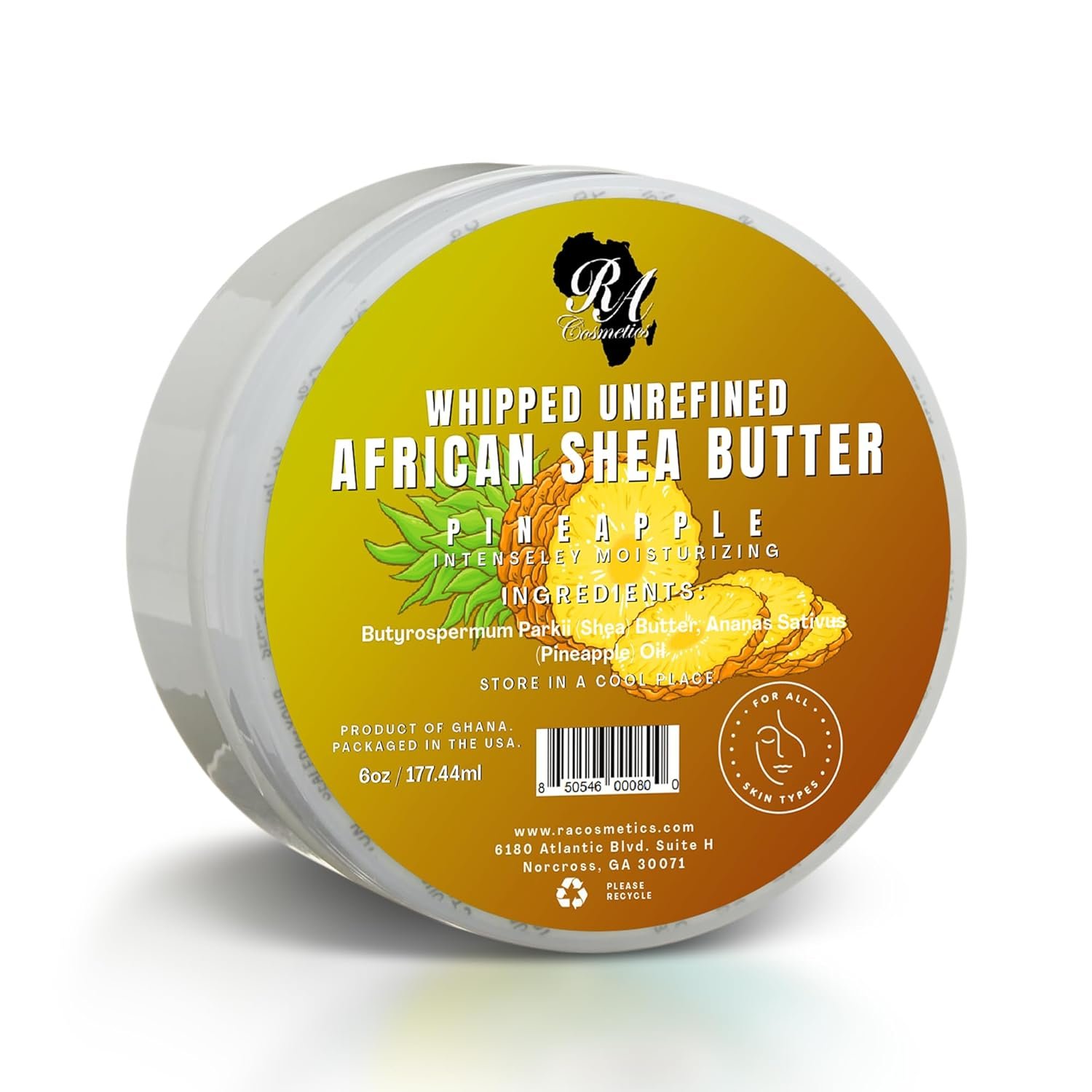 RA COSMETICS Whipped Shea Butter Pineapple – 6oz | 100% Pure & Natural African Shea Butter for Men & Women – Ultimate Handcrafted Moisturizer with Essential Vitamins for Radiant Skin
