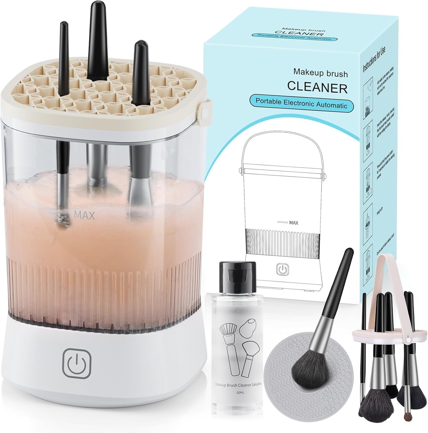 Electric Makeup Brush Cleaner – 12000 RPM Makeup Brush Cleaning Machine, IP65 Waterproof Automatic Makeup Brush Cleaner with Cleaning Solution, for Makeup Sponges and Brushes-White.