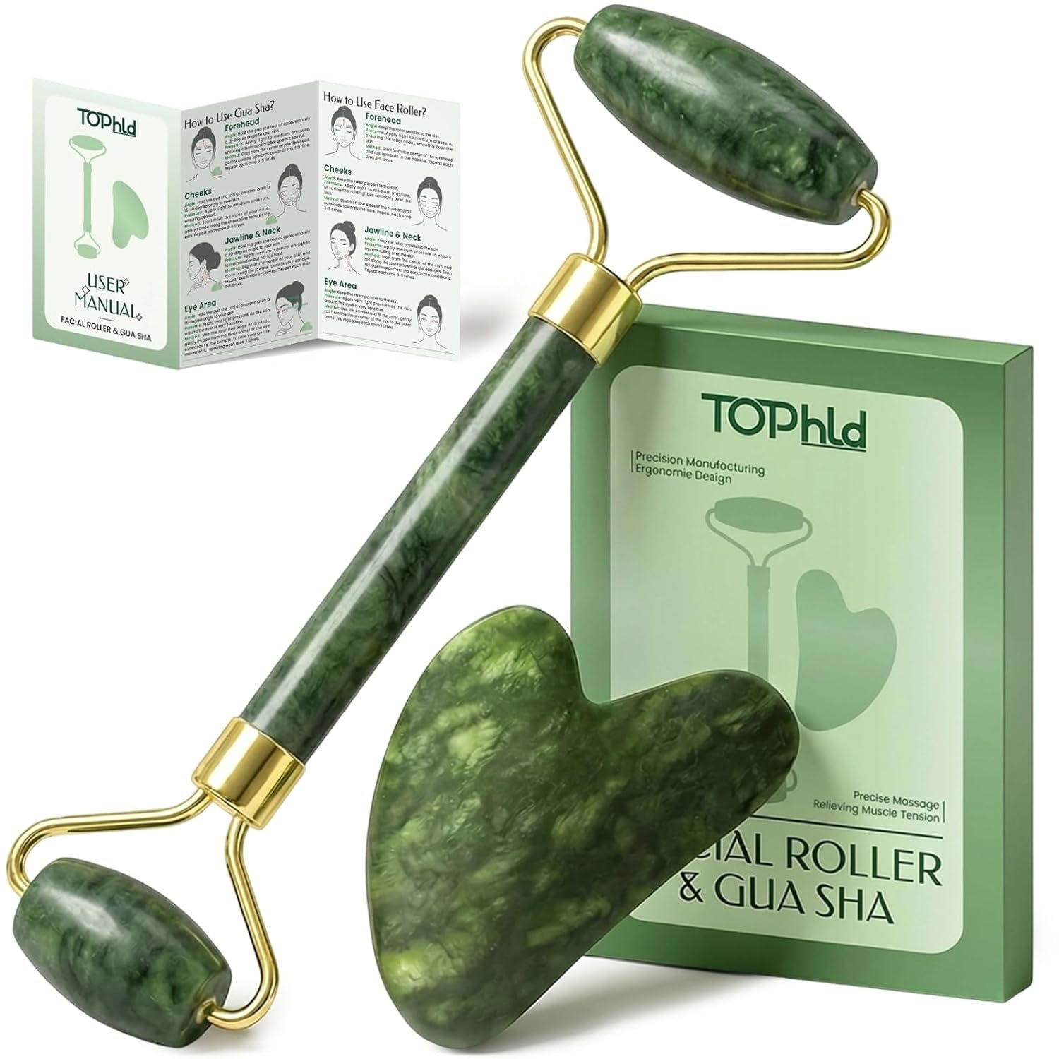 Face Roller & Gua Sha Facial Tools, Face Massager for Self Care, Jade Roller for face, Jawline Sculpting and Puffiness Reducing