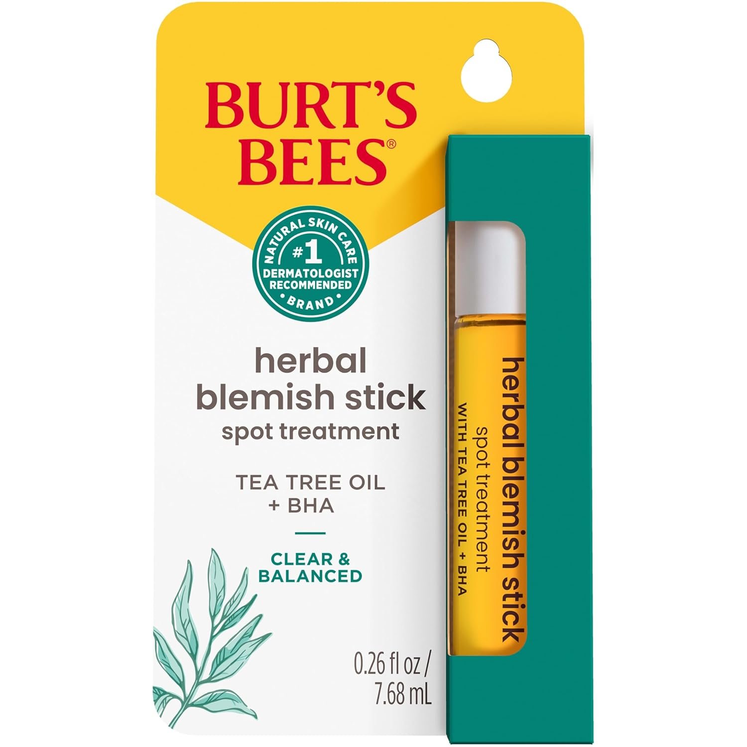 Burt’s Bees Herbal Blemish Stick, 0.26 Fl Oz (Pack of 2), Tea Tree Oil Infused, Soothing, Exfoliating, Cleansing, Unisex