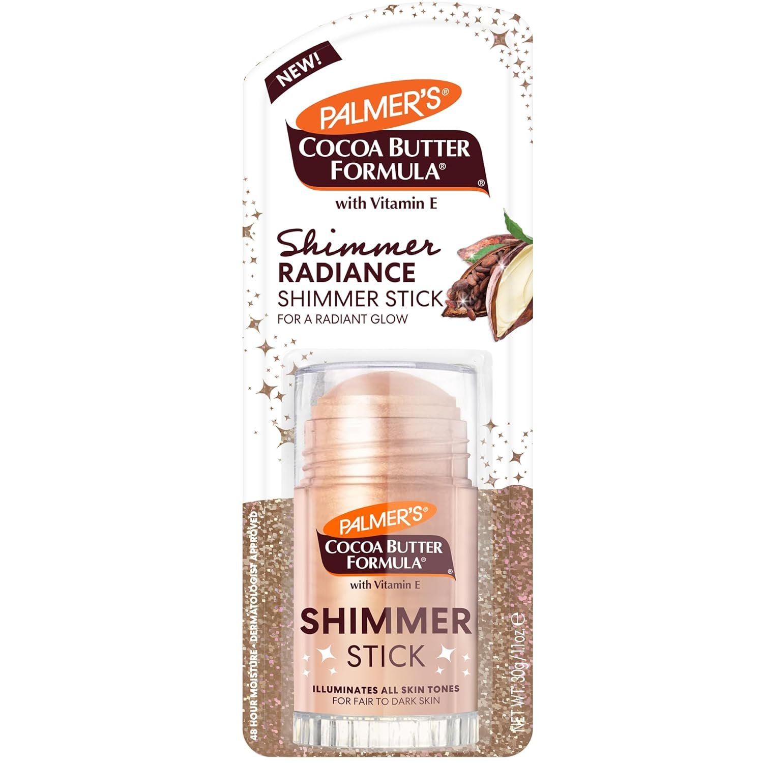 Palmer’s Cocoa Butter Formula Body Shimmer Stick with Vitamin E, 1 Oz, Radiant Highlighter Makeup for Body Glow, Provides 48-Hour Moisture, All Skin Tones & Types, Dermatologist Approved