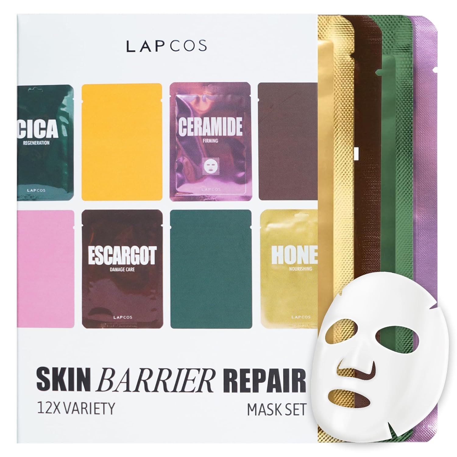 LAPCOS K Beauty Skin Barrier Repair Sheet Mask Variety Pack – Escargot, Cica, Ceramide, Honey – 4 Types of K Beauty Face Mask Set to Hydrate & Soothe – Breathable Sheet Korean Skin Care (Pack of 12)