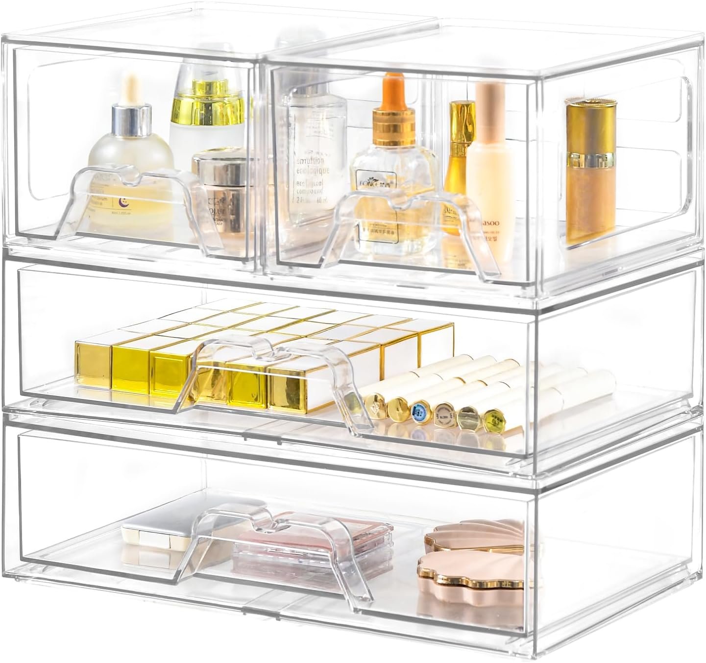 Stebopum 4 Pack Stackable Storage Drawers Clear Acrylic Organizer Bathroom Makeup Organizer and Storage for Beauty Supplies,Ideal for Vanity, Bathroom,Cabinet,Pantry Organization