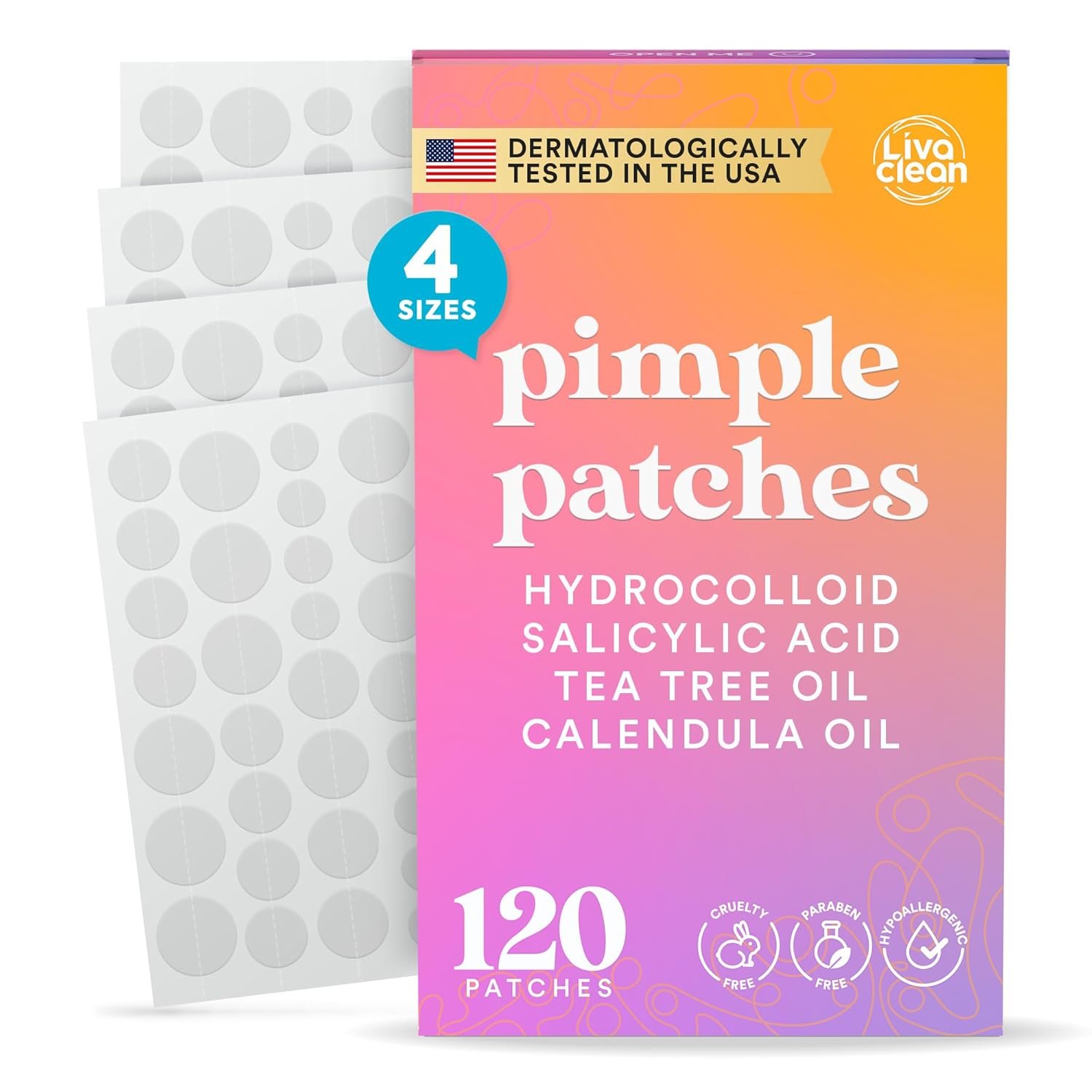 Livaclean 120 CT Pimple Patches for Face w/ Salicylic Acid, Tea Tree & Calendula Oil – Four Sizes Zit Dots Acne Patches for Face – Hydrocolloid Patch Pimple Patch Invisible – Acne Dots Zit Stickers