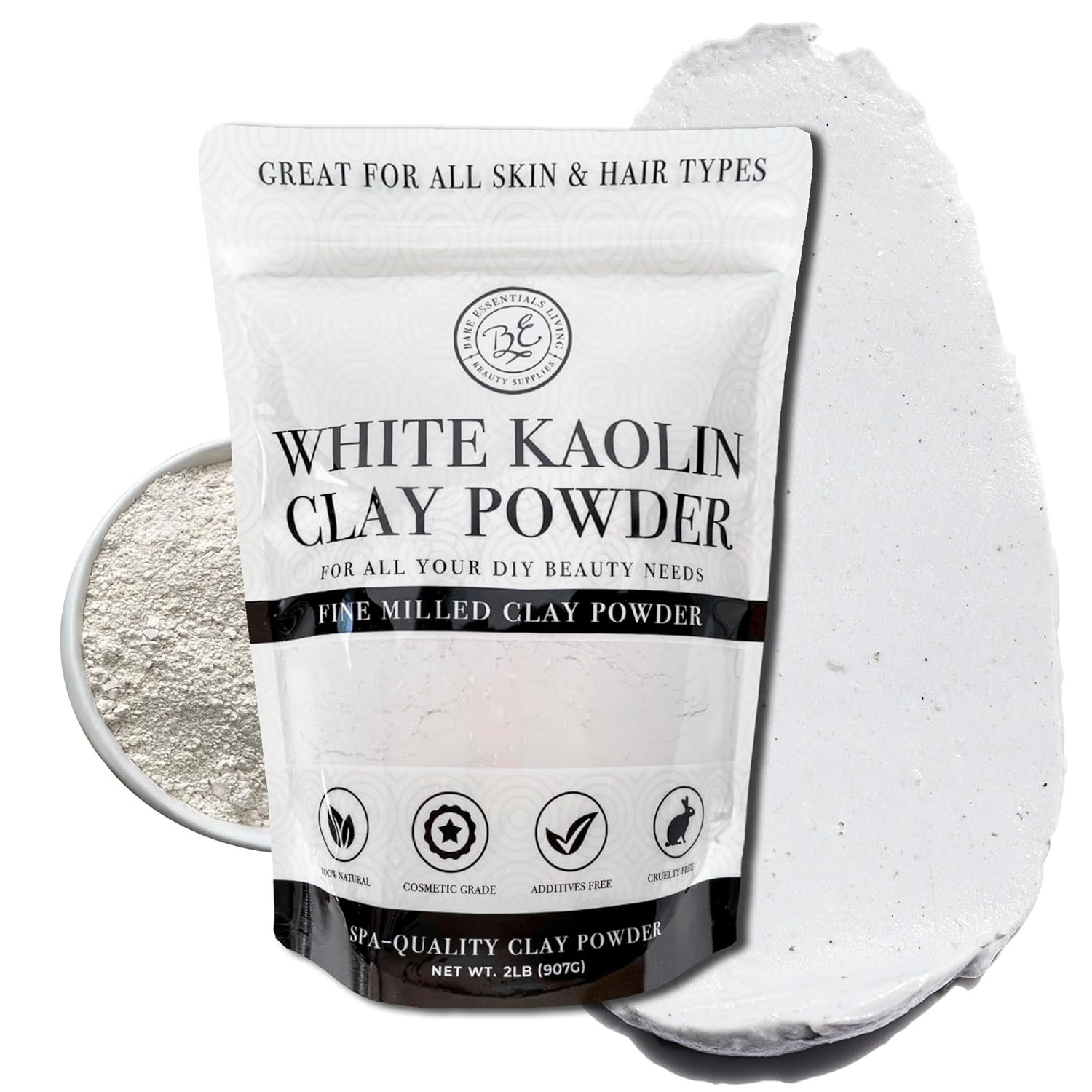 Bare Essentials Living – White Kaolin Clay Powder (2 lb) 100% Natural White Powdered Clay for Seed Bombs, White Clay Mask, DIY Spa, Soap, Bath Bomb, Deodorant, Can be Used as Kaolin Clay for Gardening