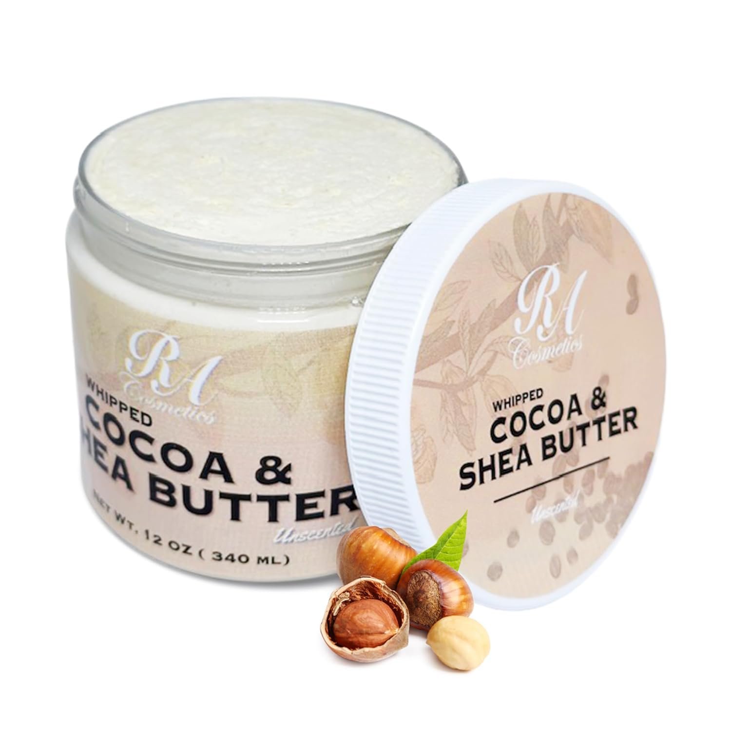 RA COSMETICS Whipped Cocoa & Shea Butter, Unscented – 12oz | 100% Pure & Natural Skin Moisturizer with Coconut Oil | Vitamin-Rich Body Butter for Soft, Supple, and Radiant Skin & Healthy Hairs