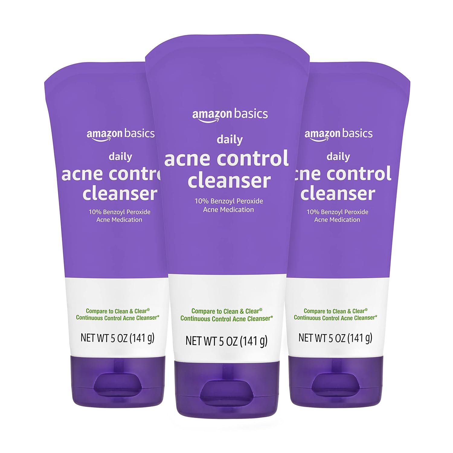 Amazon Basics Acne Treatment Face Wash – Daily Control Cleanser, Maximum Strength 10% Benzoyl Peroxide for Stubborn Breakouts, 5 Ounce (3-Pack)