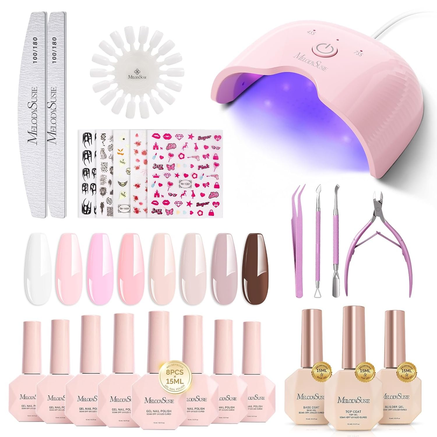 MelodySusie Gel Nail Polish Kit with UV Light P-ART06F- Popular Color Gel with Builder and Baser &Glossy Top Coat Soak Off Includes Nail Art Tools Nail Art Gift for Women & Girls