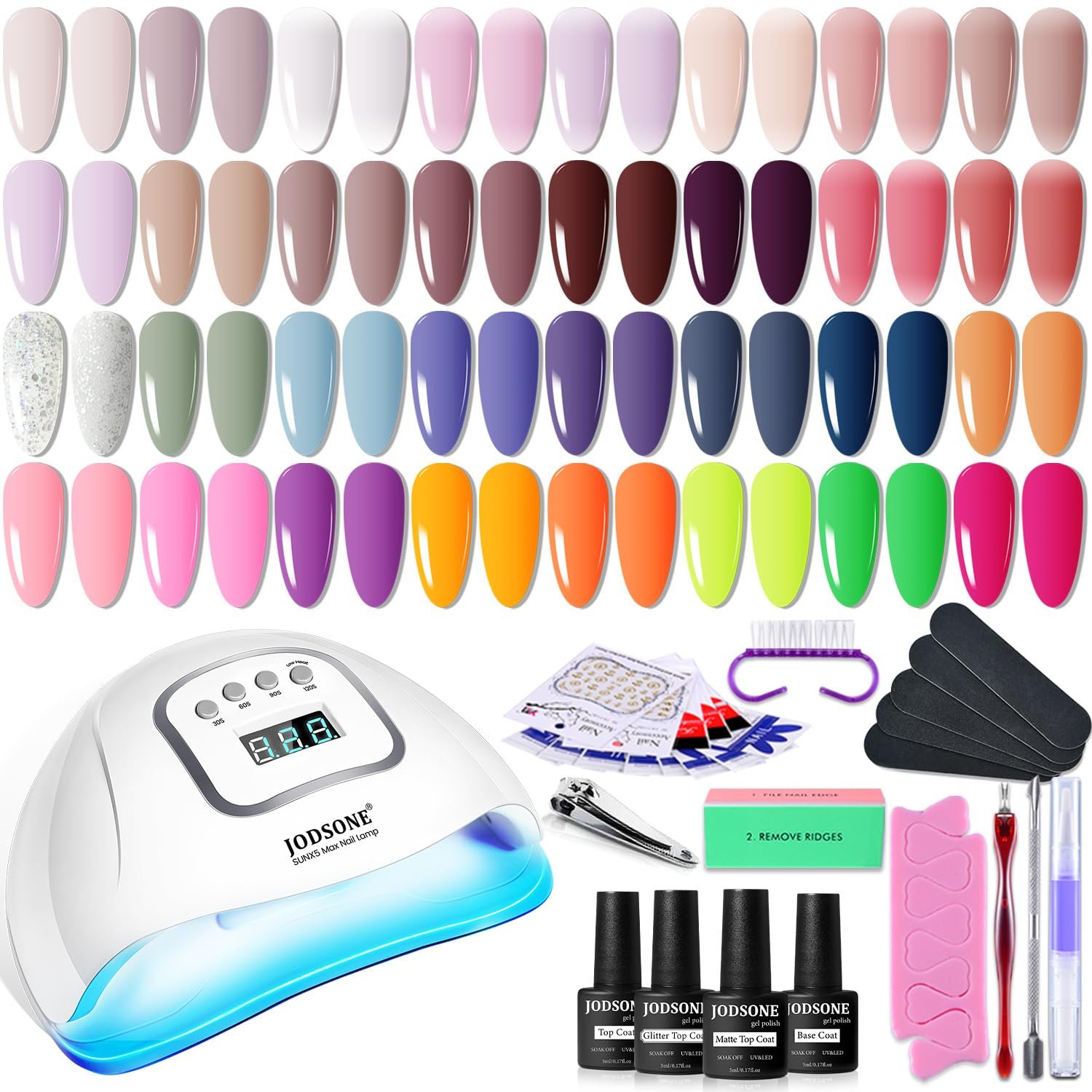 JODSONE 36 Pieces Easy to Apply Gel Nail Polish Kit with U V Light Base Coat Top Matte Glitter Gel Polish for Salon and Home Use