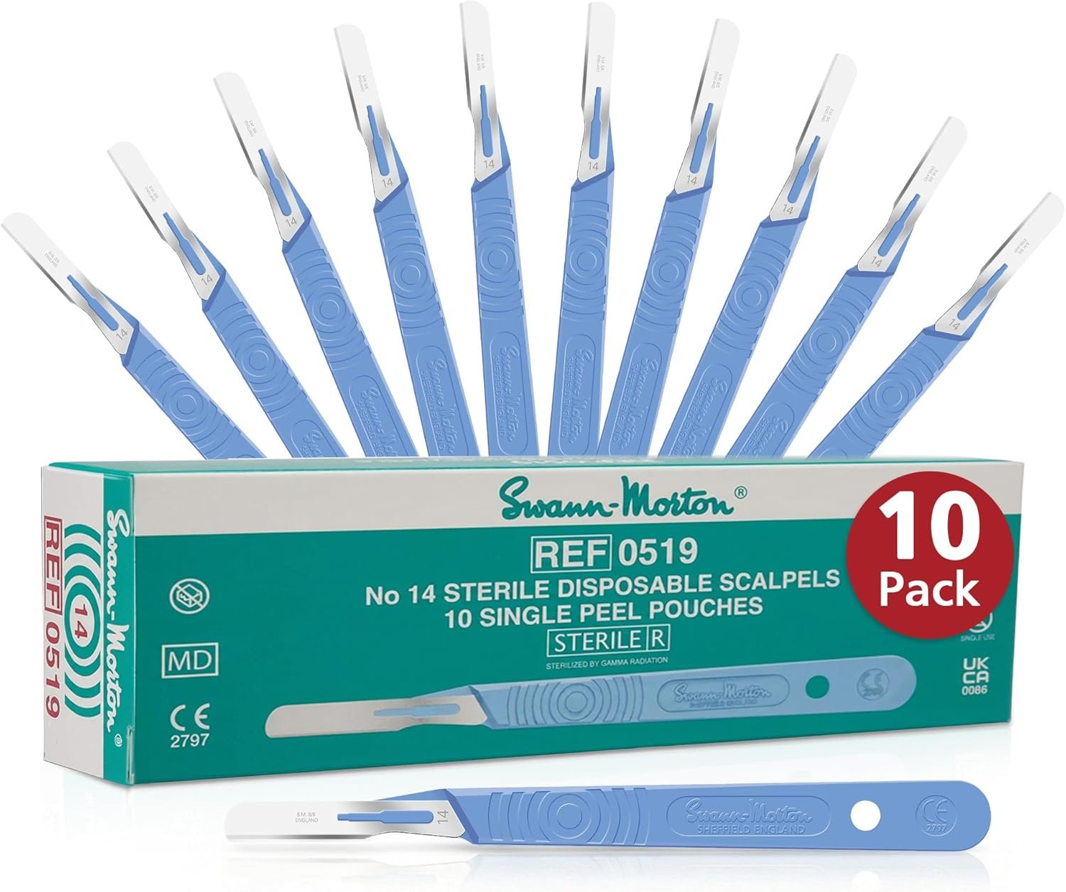 SWANN-MORTON #14 Disposable Surgical Scalpel with Blade – Sterile Dermaplane Blade for Face, Dermaplaning for Women & Men, Beauty Tools for Estheticians – Individually Packed, Box of 10