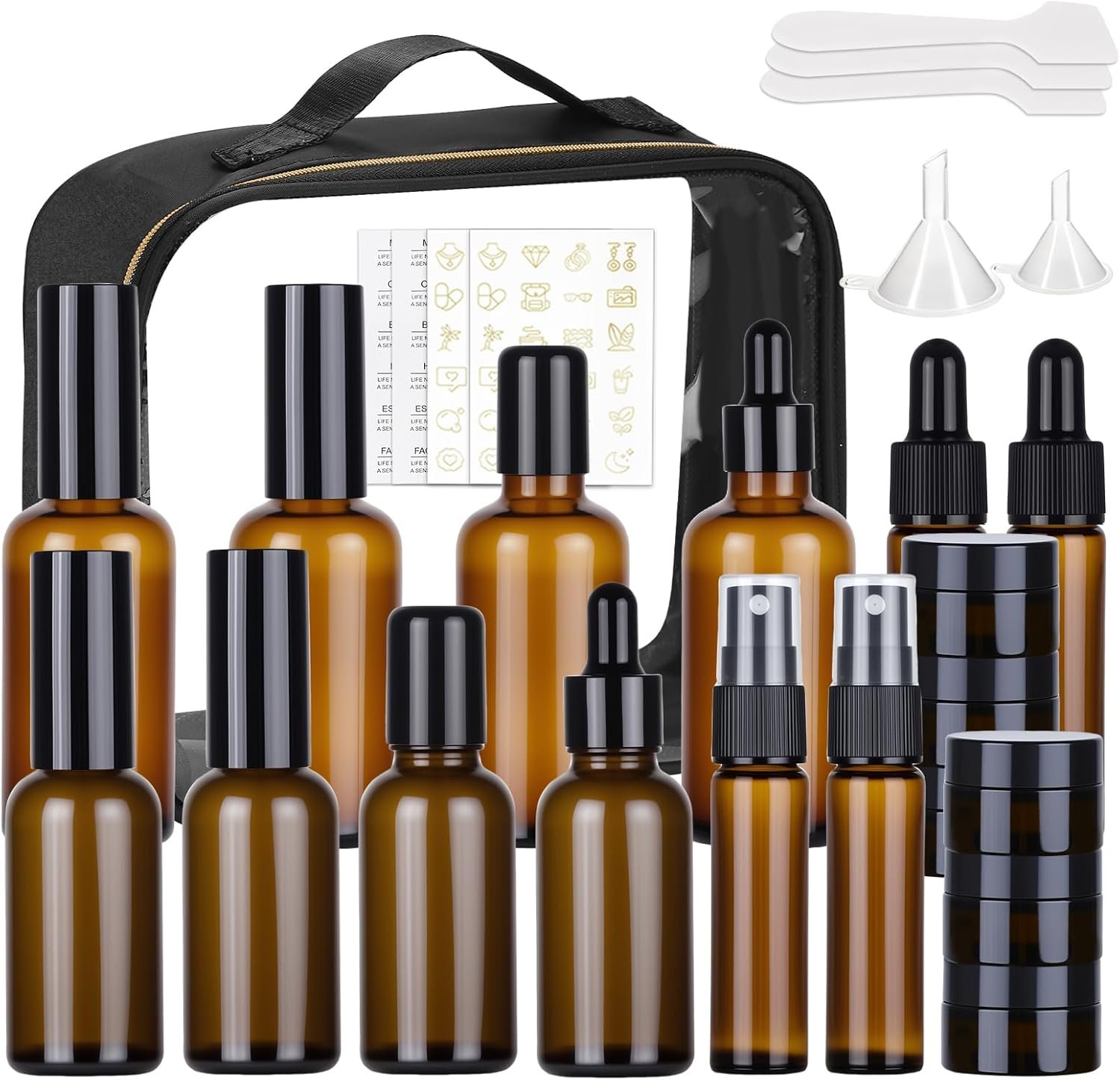 29 Pack TSA Approved Glass Travel Skincare Containers,Toiletry Bag，1.7/1/0.7/0.5/0.3oz Refillable Traveling Size Containers with Pump, Jars & Essential Oil Bottle , Leak-Proof for Creams & Liquids