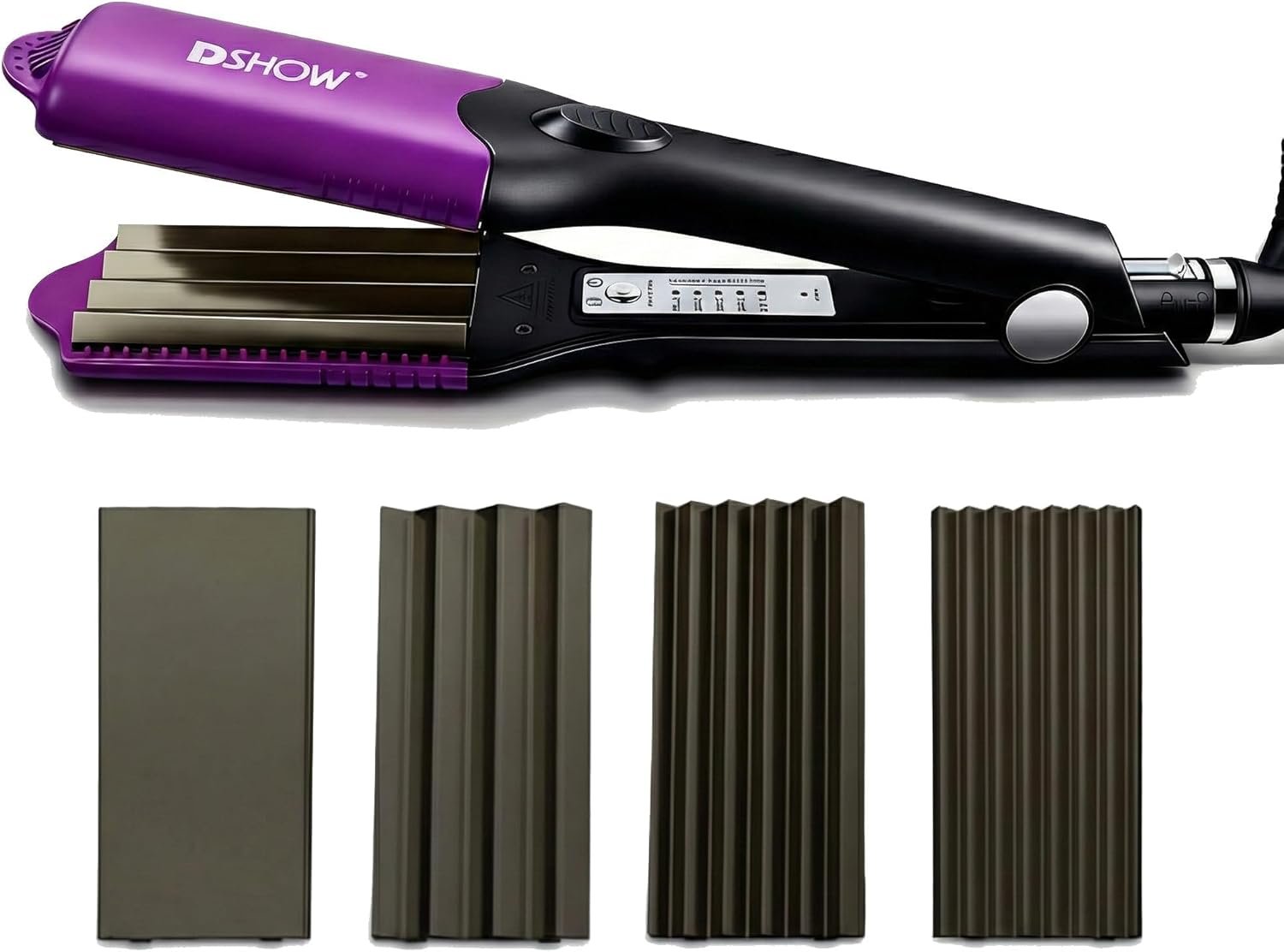 DSHOW 4-in-1 Hair Crimper for Women Crimping Iron for Hair with 8/6/4 Tooth Flat Interchangeable Plates, Titanium Ceramic Coated Tool for Root Lift, 80s Zigzag Texture, 5 Heat 140-220℃, Dual Voltage