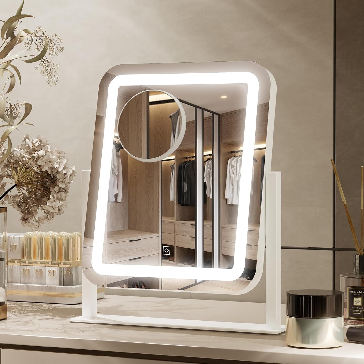 PRIMETEK Vanity Mirror with Lights, 16″x14″ Large LED Lighted Makeup Mirror, Hollywood Makeup Mirror, Touch Screen, 3-Color Lighting, 5X Magnification, for Vanity Desk Tabletop, Bedroom, White