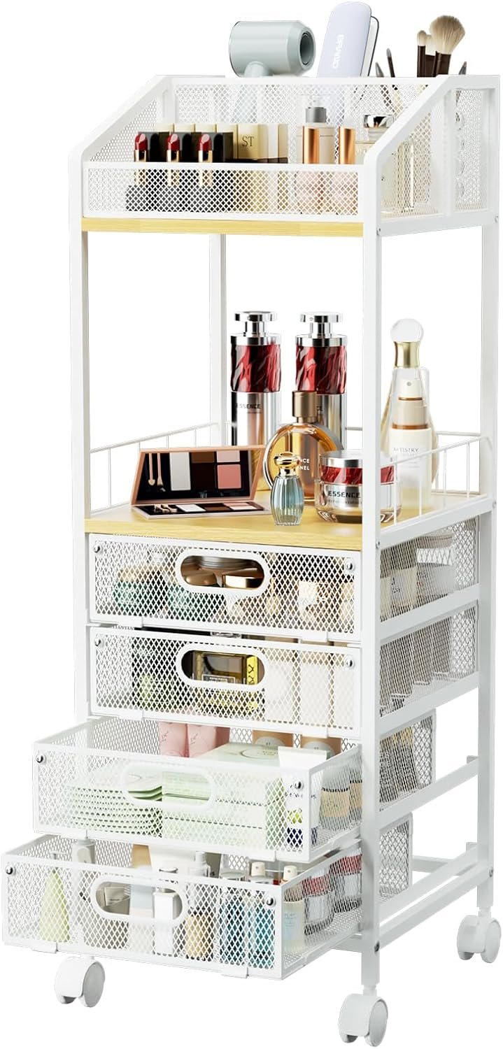 HapiRm Rolling Cart Makeup Organizer – Metal Makeup Cart with Wheels and Drawers for Small Spaces & Messy Vanities, Space-Saving Beauty Cosmetics Cart Storage Cabinet Stand for Perfume Hair Tools