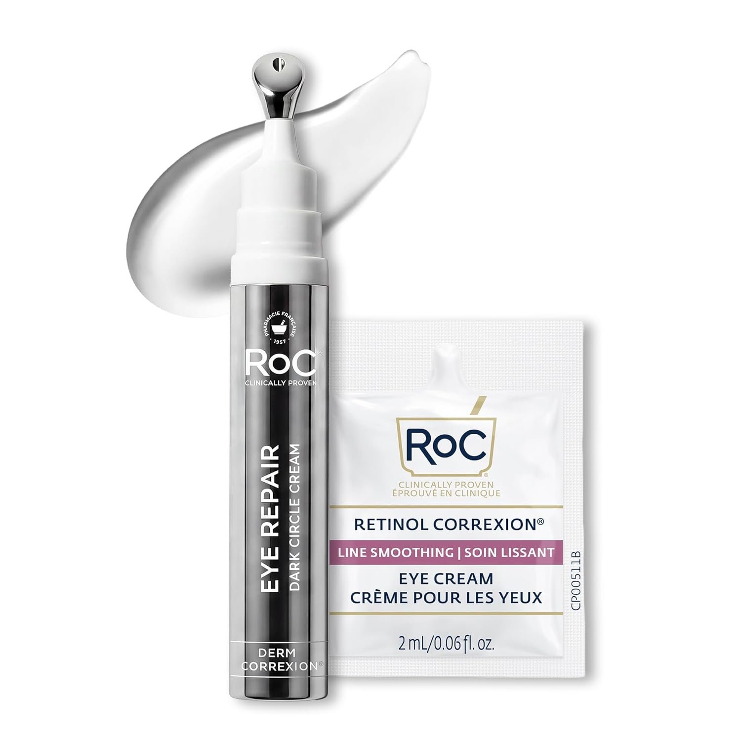 RoC Derm Correxion Retinol Eye Repair Dark Circle Cream Treatment with Niacinamide, Resveratrol, Proxygen for Puffy Eyes, Wrinkles, and Crow’s Feet + Line Smoothing Eye Packette