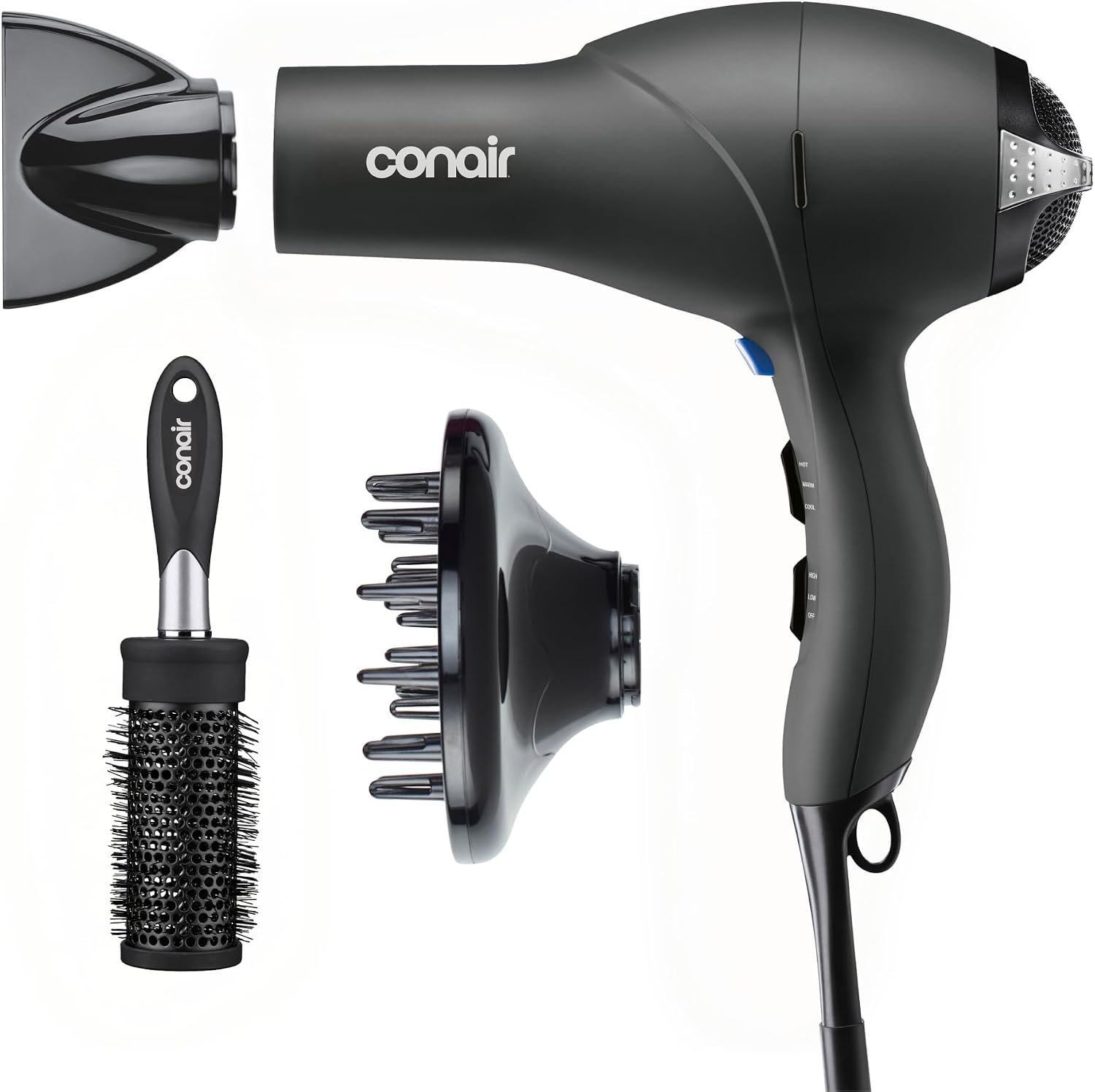 Infiniti PRO CONAIR Hair Dryer with Diffuser, Professional AC Motor, Tourmaline Ceramic Technology Blow Dryer, Includes Concentrator and Blowout Brush, Amazon Exclusive, Gray