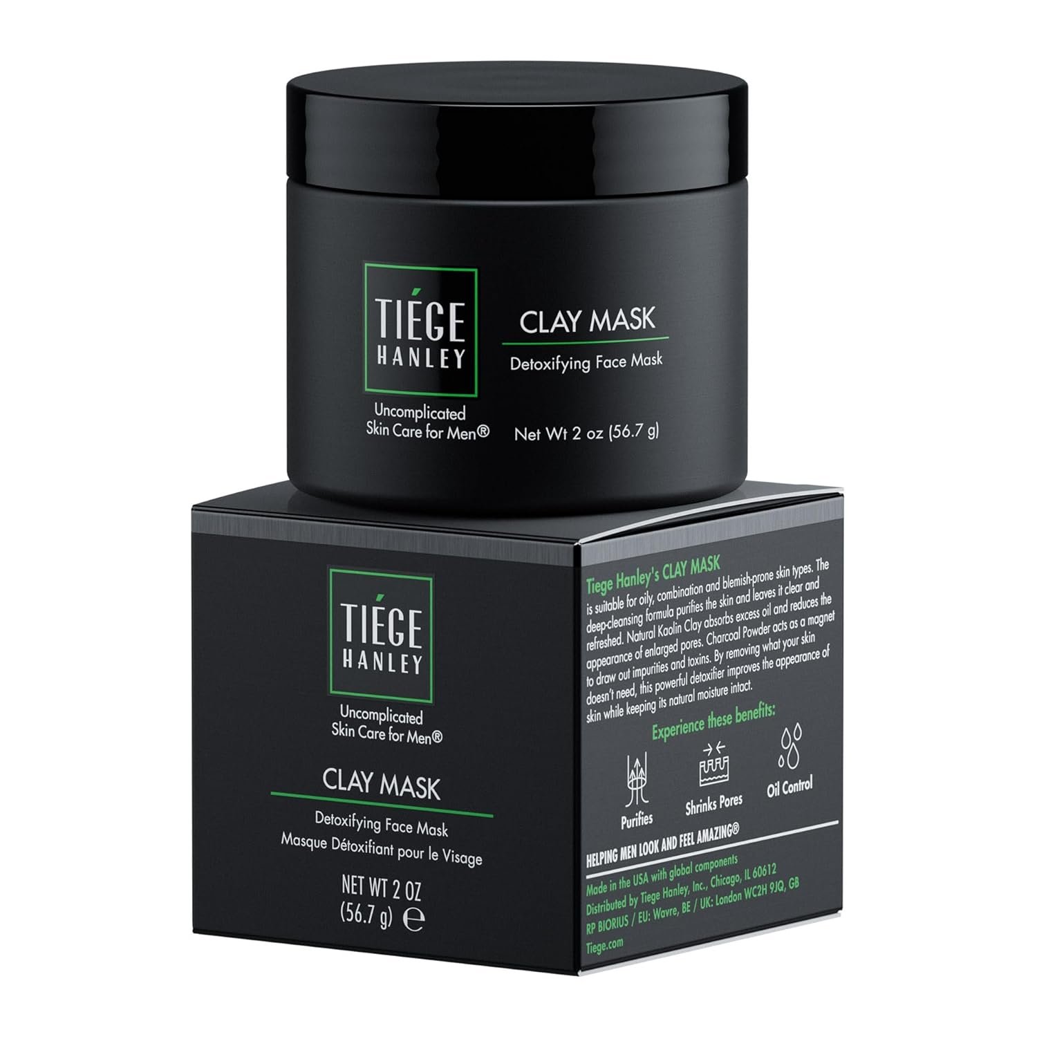 Tiege Hanley Mens Detoxifying Facial Clay Mask, 2 Oz (1-Pack) – Deep Pore Cleansing Charcoal Face Mask with Natural Kaolin Clay Absorbs Excess Oil & Reduces Appearance Pores – Skin Care for Men