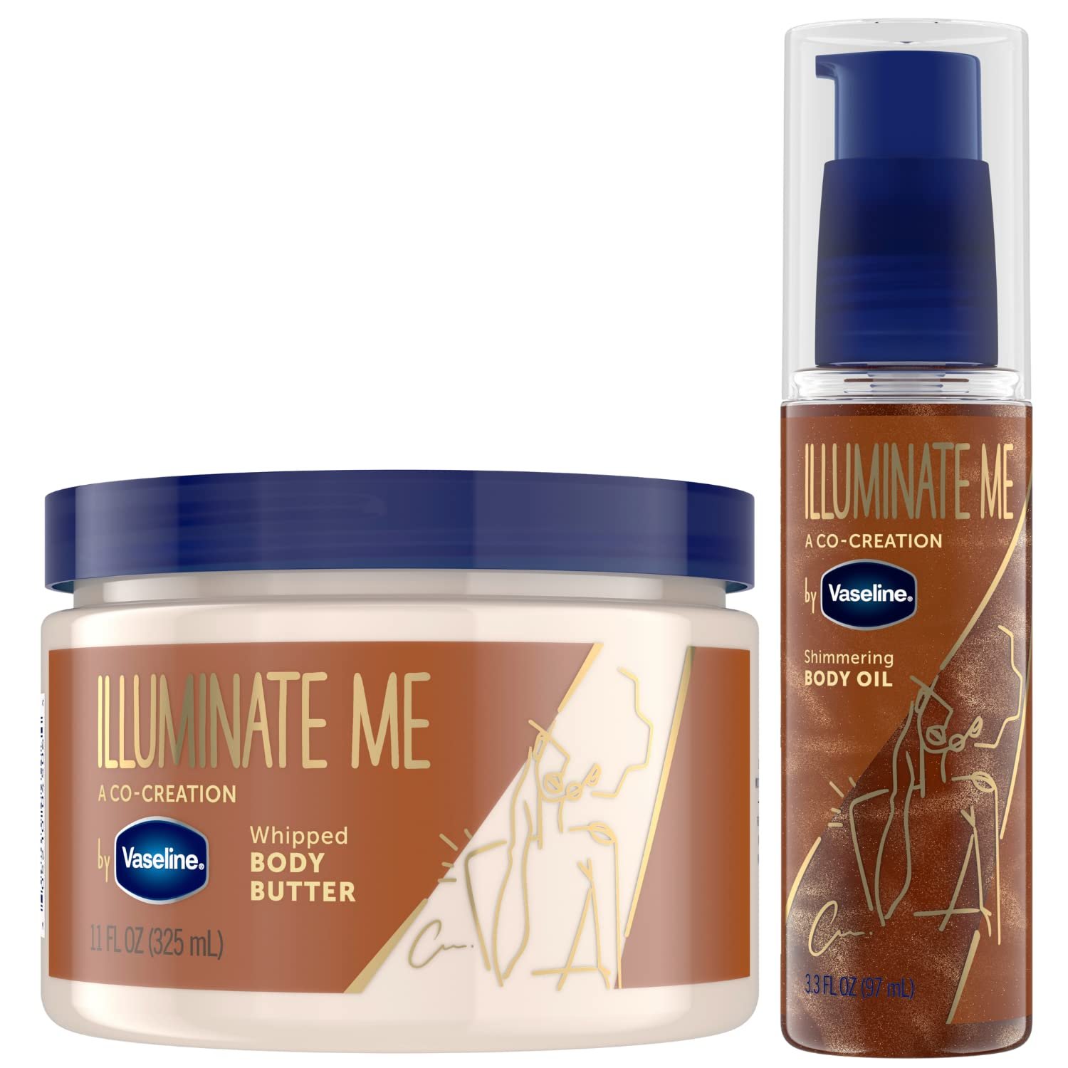 Vaseline Illuminate Me Body Butter & Oil – Shimmering Body Bronzer, Hydrating Whipped Organic Shea Butter with 24-Hour Moisture for Melanin-Rich Skin, Radiant Glow Oil (2 Piece Set)