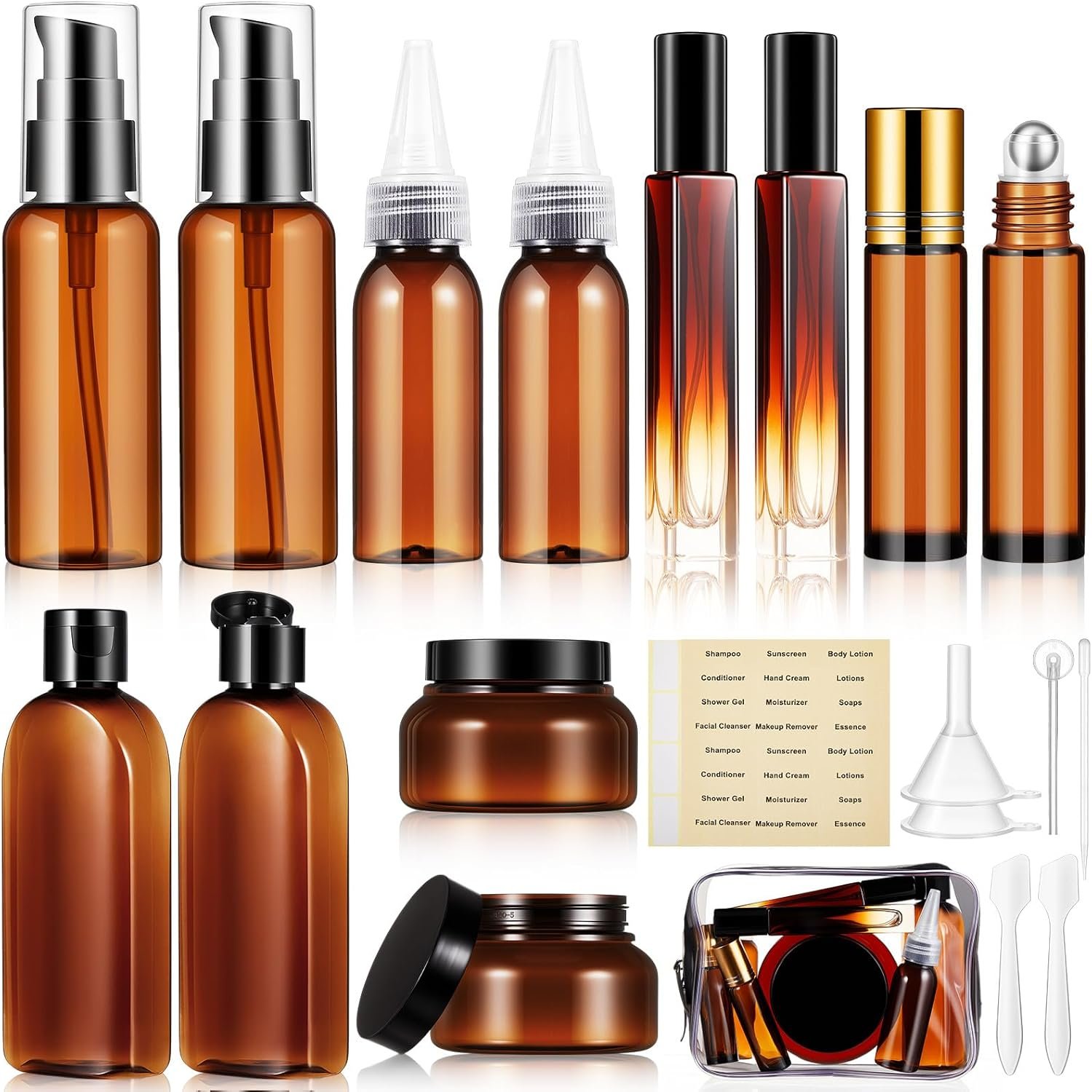 21 Pcs Amber Plastic Travel Toiletry Bottles Set, TSA Approved Travel Containers, Leak Proof Containers with Refillable Squeeze Bottle, Roller Balls, Pump sprayer, Perfume Atomizer, Labels & Funnel