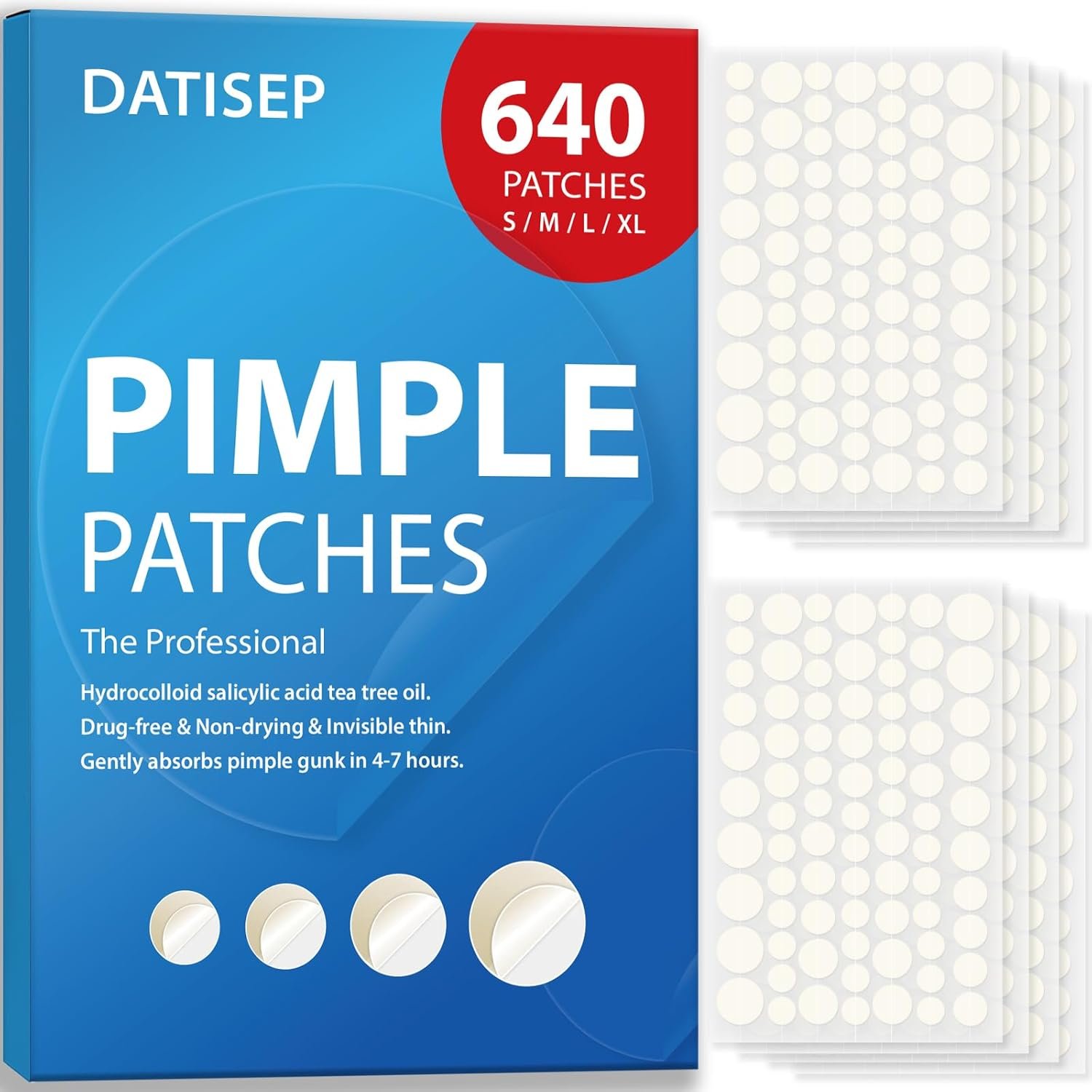 Pimple Patches for Face, 640 Count Hydrocolloid Patch Acne Patches,4 Sizes Zit Patches for Covering, Blemishes and Breakouts, Dots Stickers with Salicylic Acid, Tea Tree Oil & Calendula Oil
