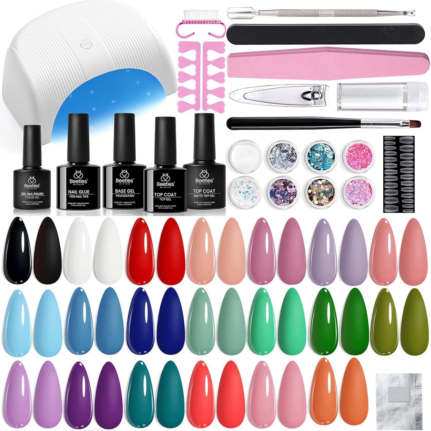 Beetles Gel Nail Polish Kit with U V Light – 34pcs Gel Polish Set 20 Colors Colorful Dreamscape Pro with Nail Tips & Base Matte Top Medium Coffin Press on Nails Accessories DIY Salon Gifts for Women