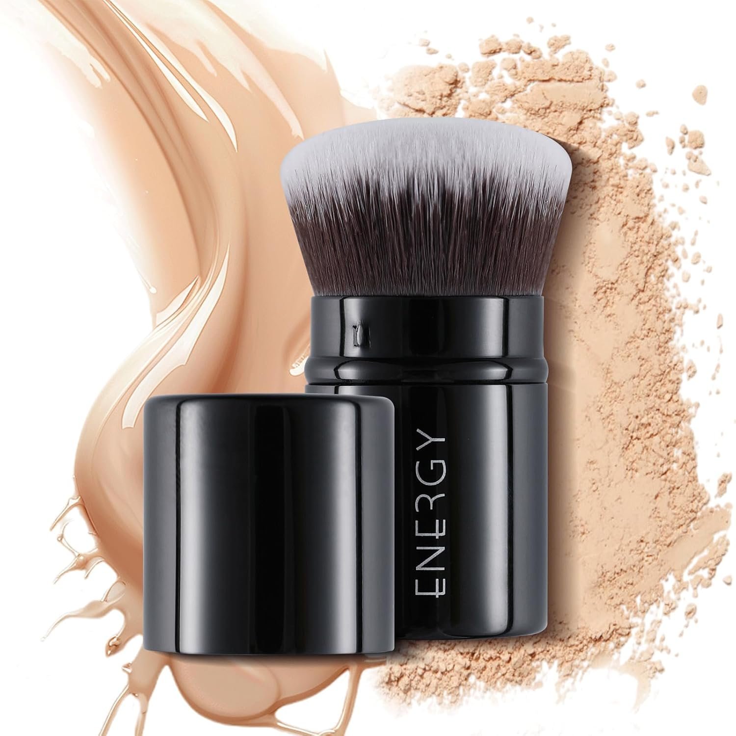 ENERGY Kabuki Brush Retractable – Makeup Kabuki Foundation Brush Travel for Liquid, Blush, Loose Powder & Cream Bronzer Blending, Buffing Cruelty-Free Face Makeup Brushes with Cover Mini (Black)