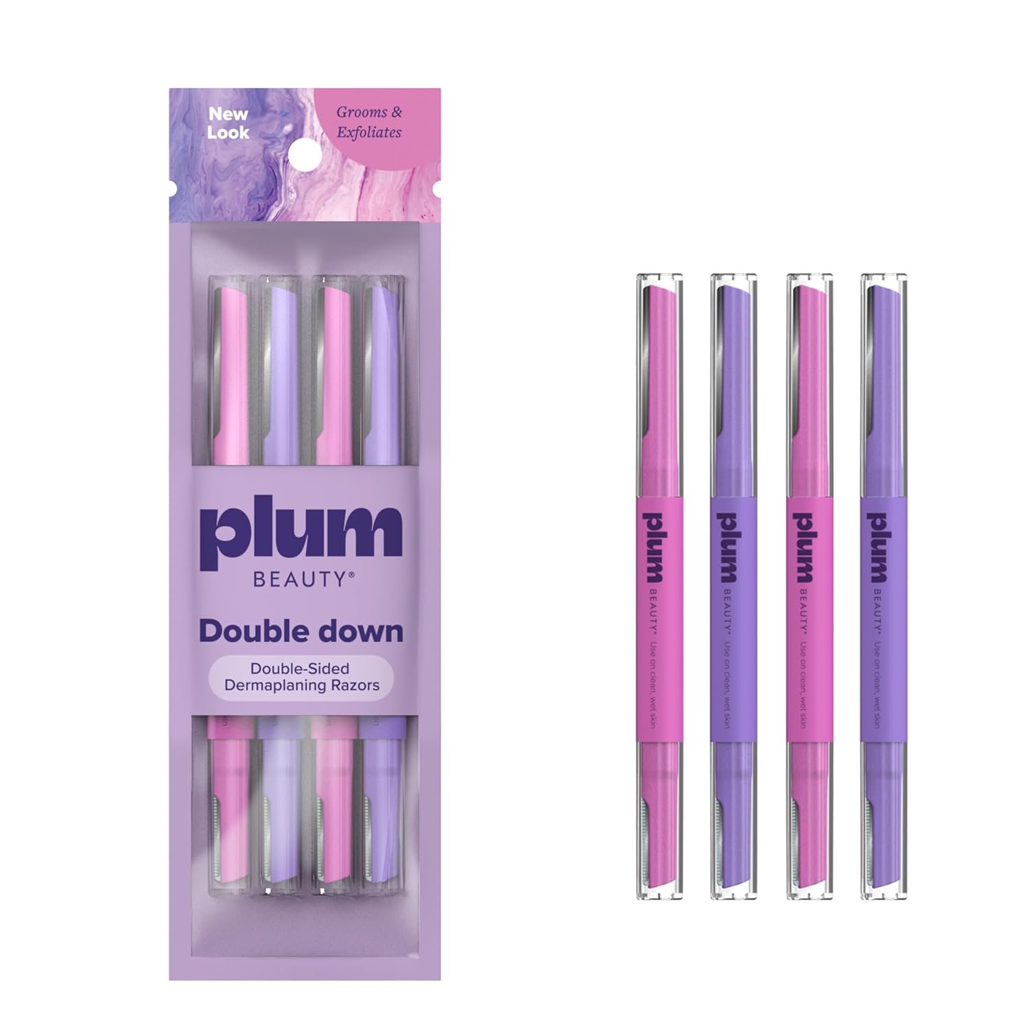 Plum Beauty Double-Sided Dermaplaning Razors (4-Pack) – Dual-Blade Facial Razors for Women – Precision & Large Blades for Brows, Upper Lip, & Cheeks – Peach Fuzz Remover & Exfoliating Face Tool