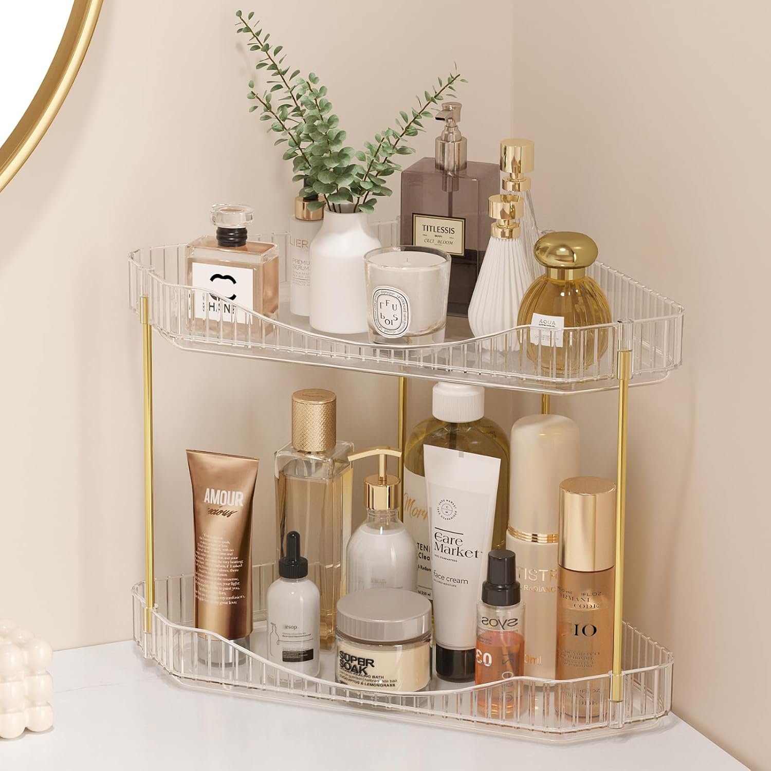 Lifewit 2-Tier Corner Bathroom Counter Organizer, Plastic Makeup Skincare Organizers Storage Countertop, Large Sink Cosmetic Perfume Shelf for Bedroom, Dresser, Kitchen, Vanity, Clear, 25 cm/10inch(H)
