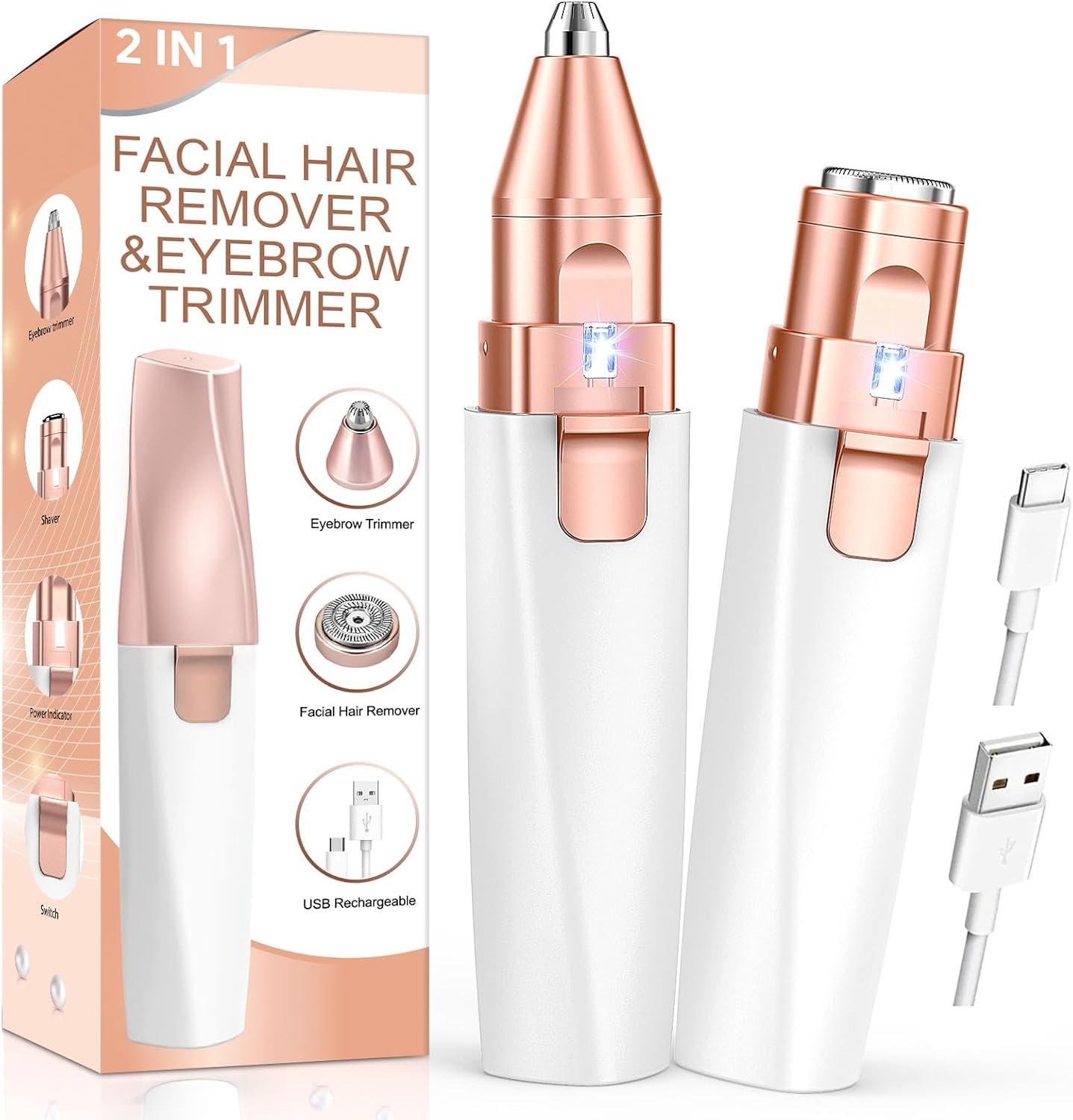 Eyebrow Trimmer & Facial Hair Removal for Women: 2-in-1 Rechargeable Face Shaver with LED Light, Painless Electric Razor for Eyebrows, Upper Lip, Chin & Peach Fuzz, Portable Hair Removal Device