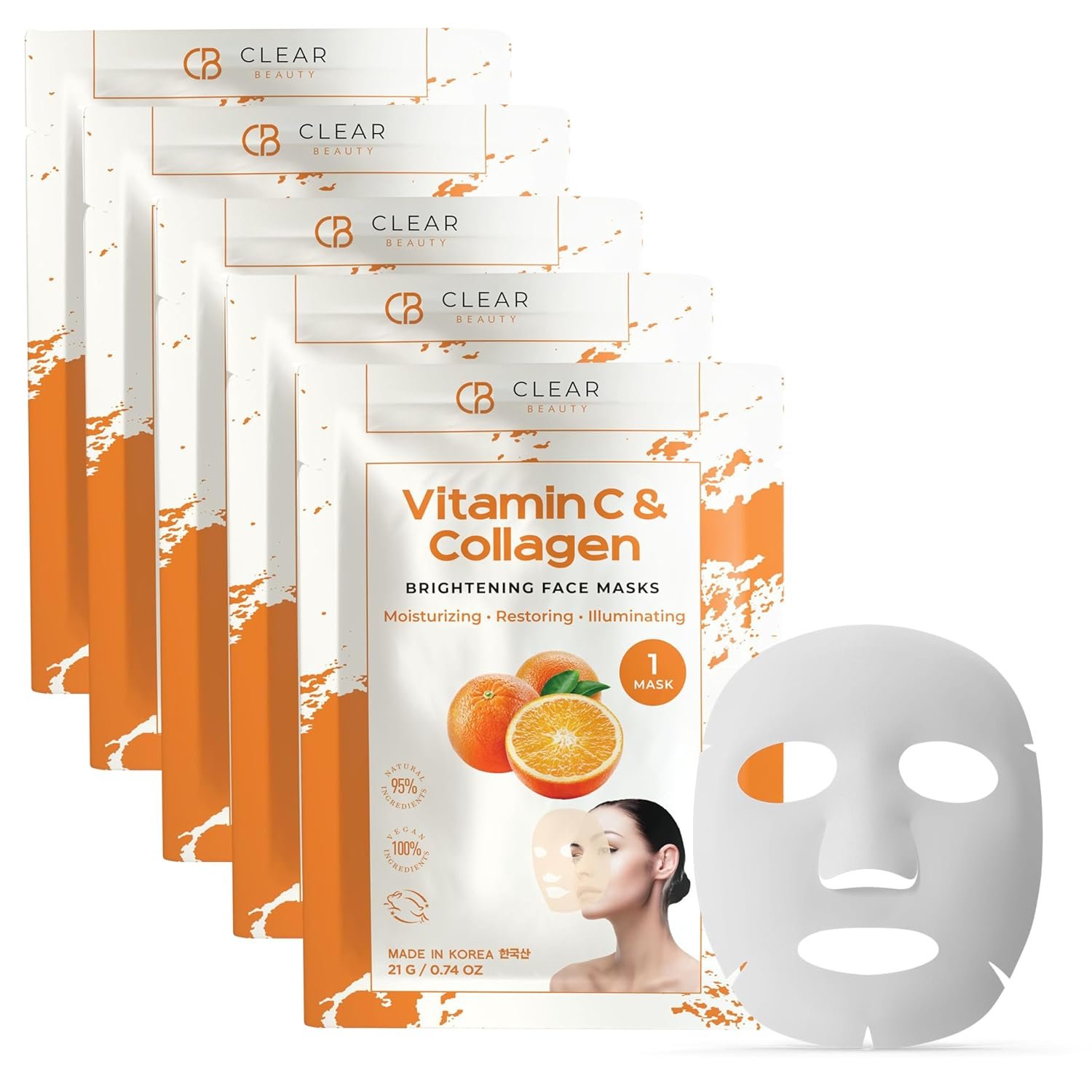 Clear Beauty Vitamin C & Collagen Face Mask – Dermatologist Tested, Diminishes Fine Lines & Wrinkles, Anti-Aging, Natural Ingredients Cruelty-Free Korean Skin Care, All Skin Types – 4 Pack (20 MASKS)