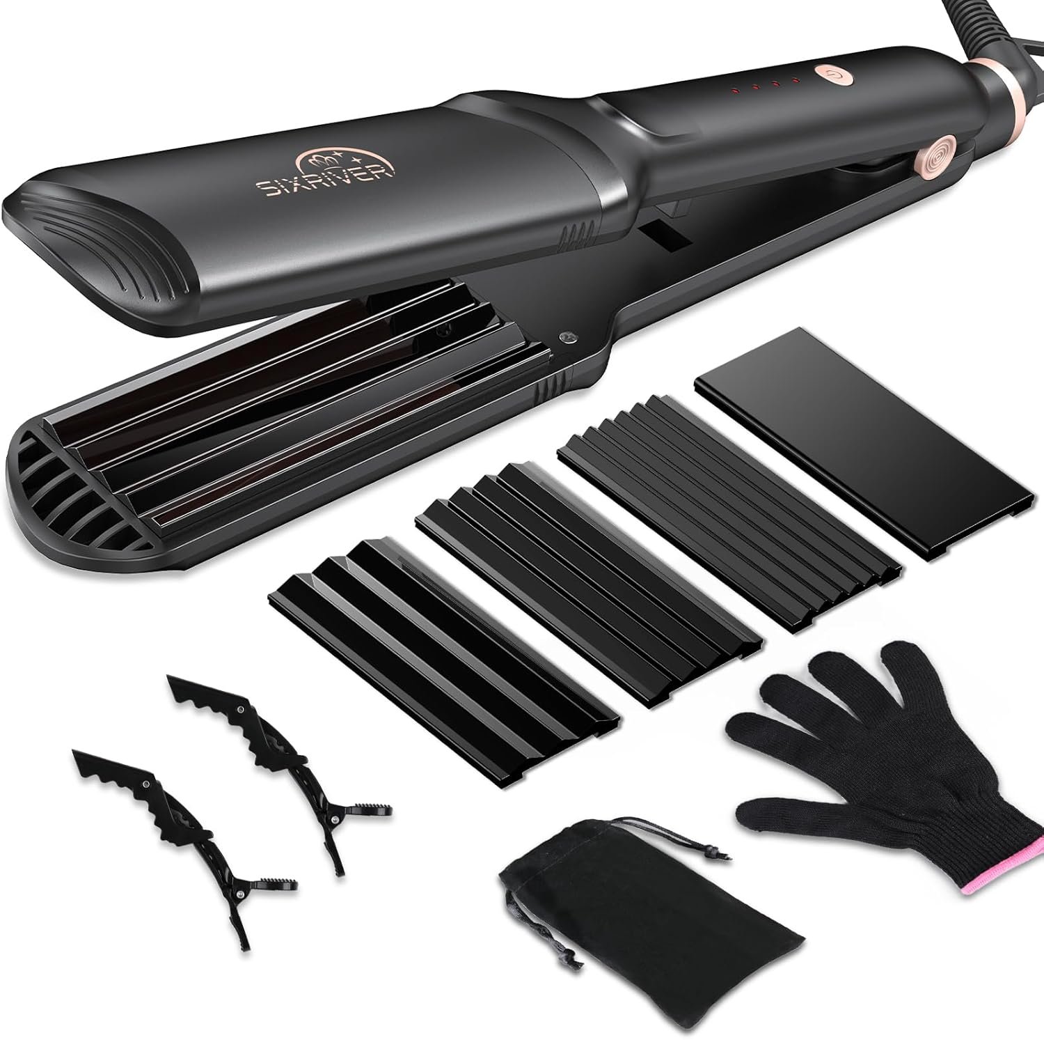 Hair Crimper for Women – Ceramic Waver Hair Tool with 4-in-1 Flat Crimping Iron Plates, 15s Fast Heating, Volumizing Hair Crimper, for All Hair Types – Black
