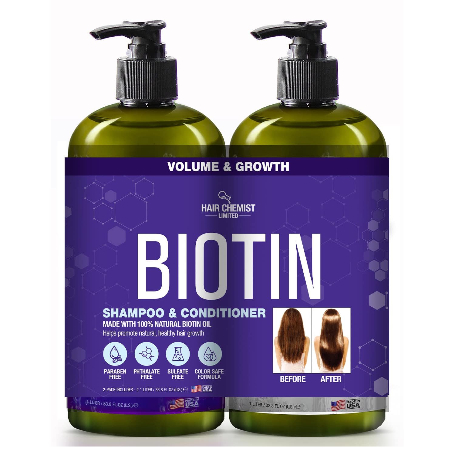 Hair Chemist Biotin Pro-Growth Shampoo & Conditioner 2-PC Gift Set – Includes 33.8oz Shampoo & 33.8oz Conditioner