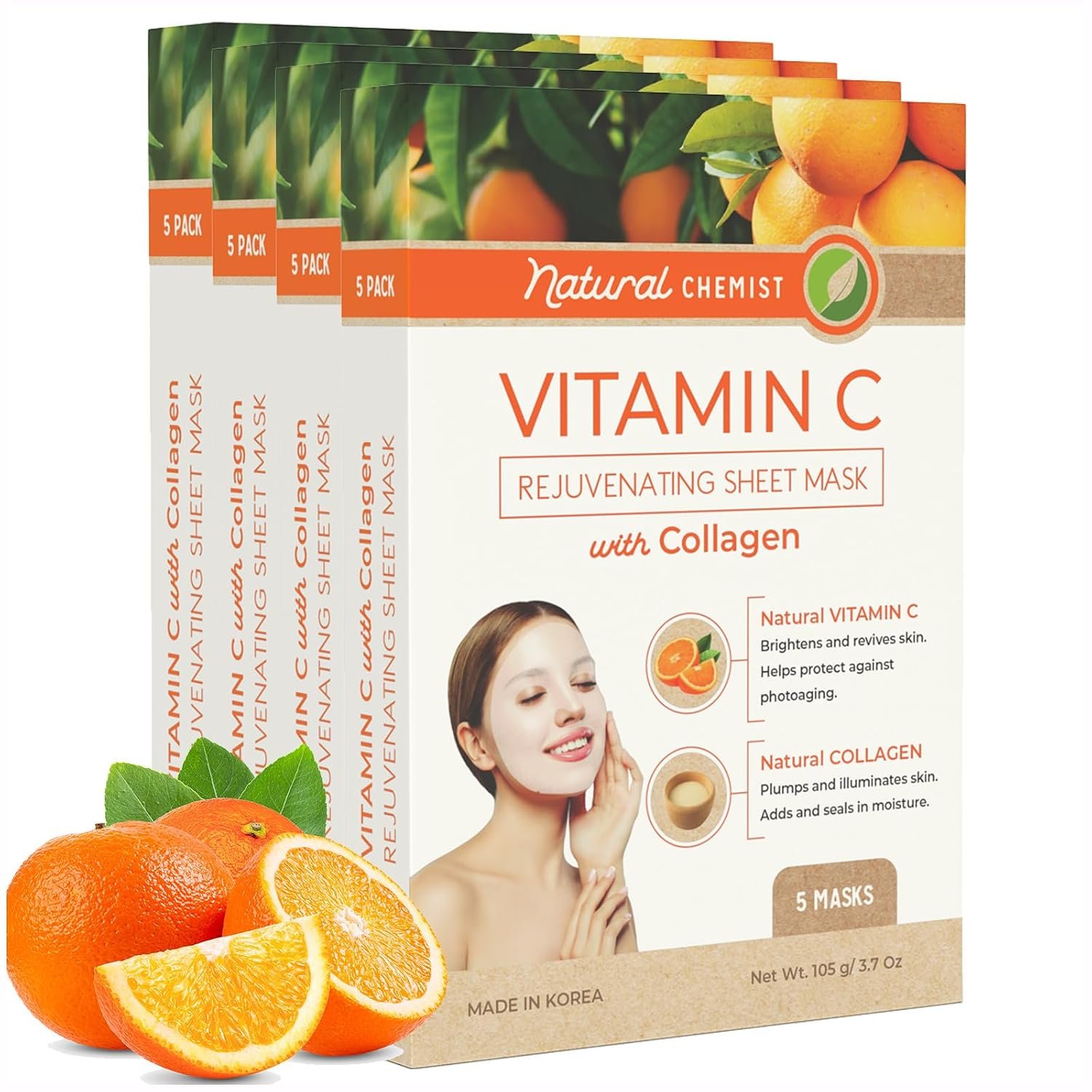 Natural Chemist Vitamin C & Collagen Sheet Face Mask – Brightening, Anti-Aging, Skin Nourishing, Moisturizing, Dermatologist Tested, Cruelty Free Korean Skin Care For All Skin Types – 20 Masks